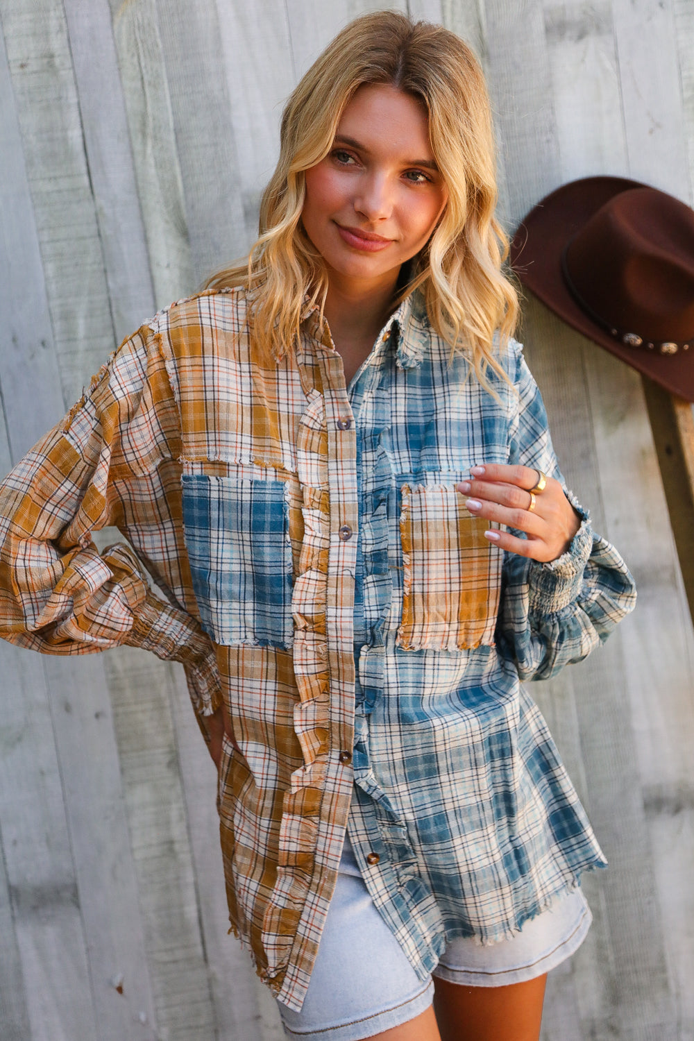 Adorable You Turquoise Plaid Smocked Sleeve Frill Detail Top-Modish Lily, Tecumseh Michigan