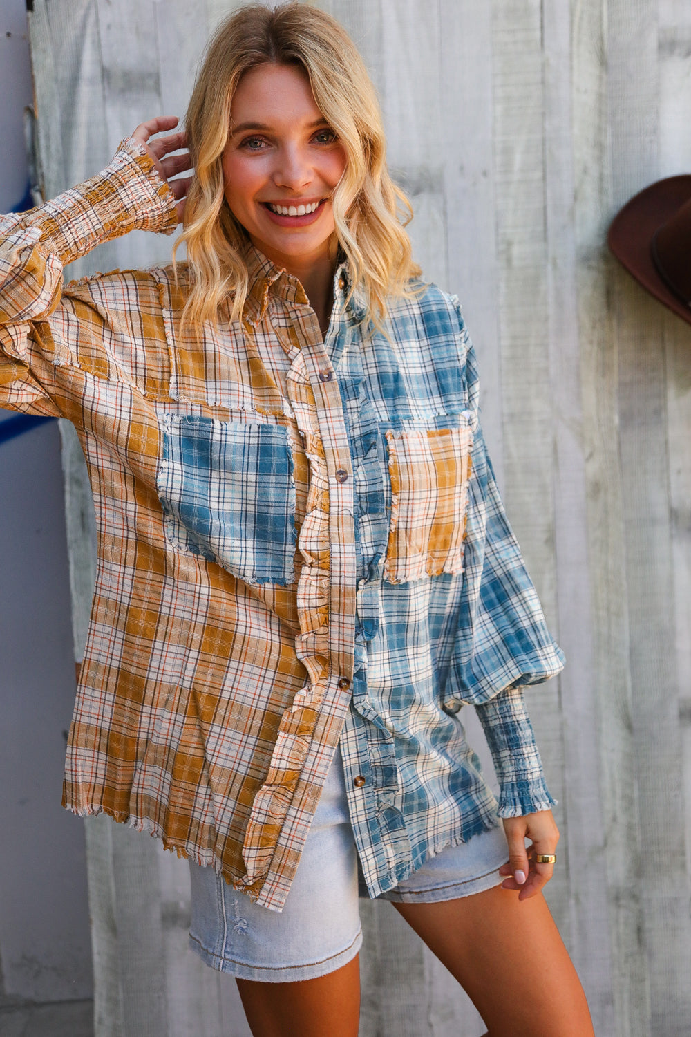 Adorable You Turquoise Plaid Smocked Sleeve Frill Detail Top-Modish Lily, Tecumseh Michigan