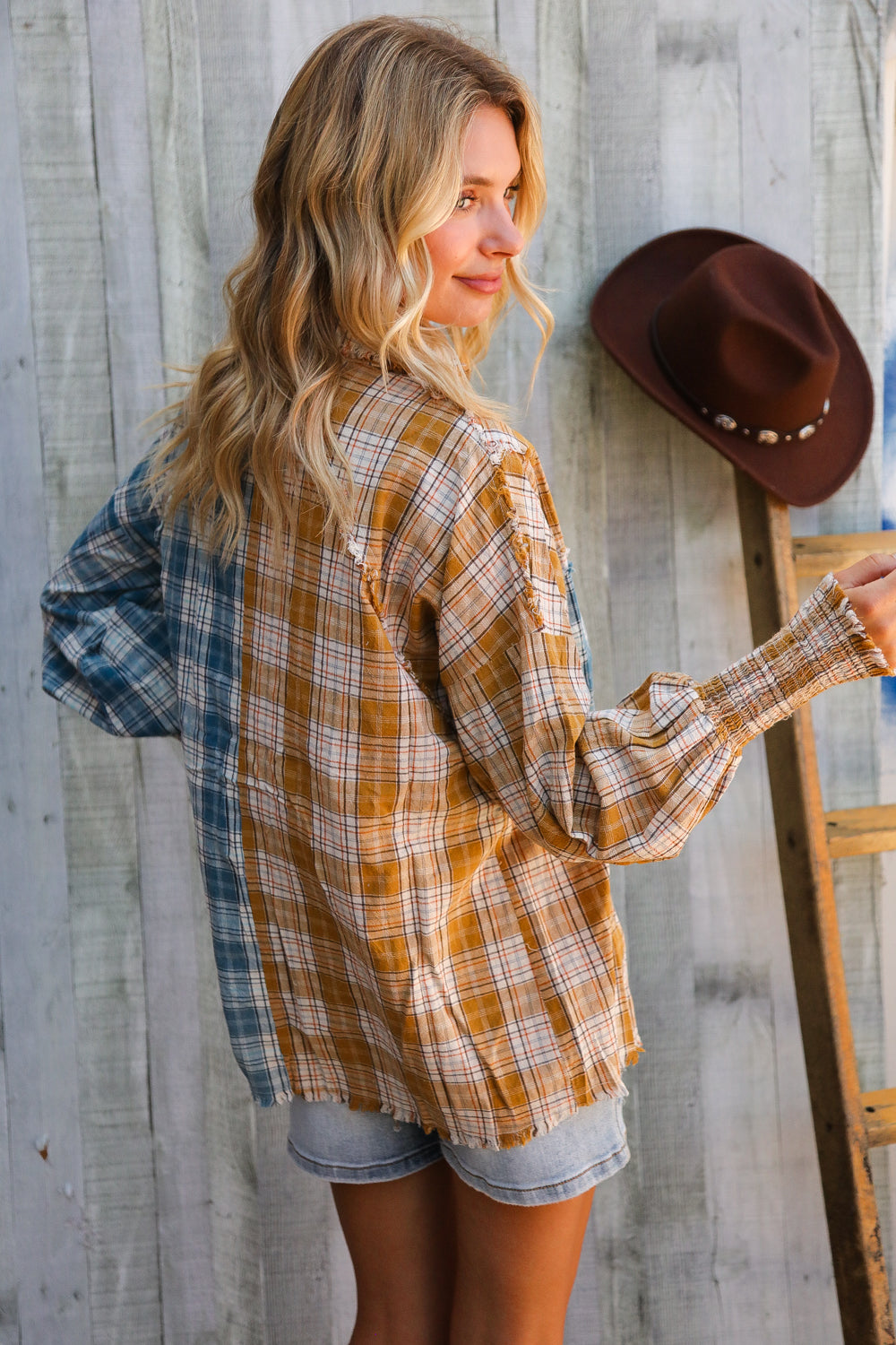 Adorable You Turquoise Plaid Smocked Sleeve Frill Detail Top-Modish Lily, Tecumseh Michigan