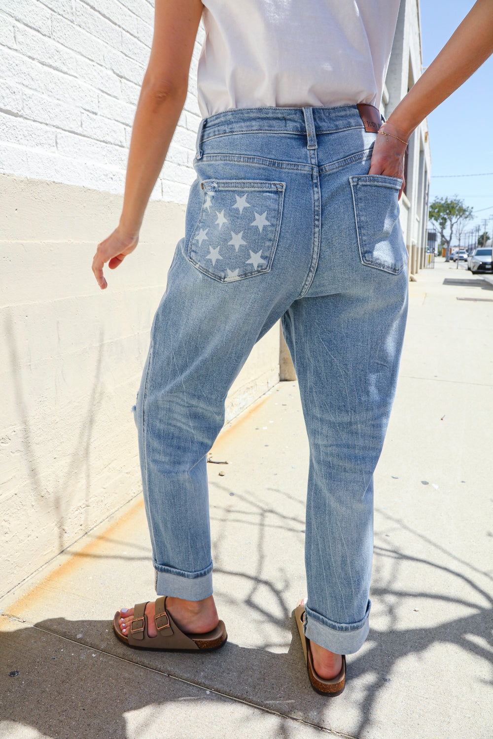 Judy Blue High-Rise Boyfriend Cuffed Hem Star Pocket Jeans-Modish Lily, Tecumseh Michigan