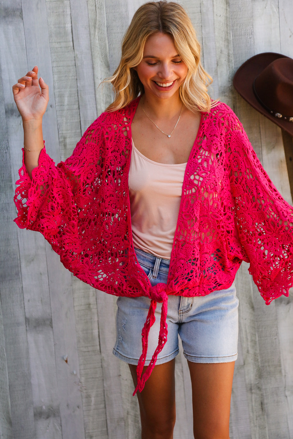 Beautiful You Fuchsia Crochet Front Tie Bell Sleeve Cardigan-Modish Lily, Tecumseh Michigan
