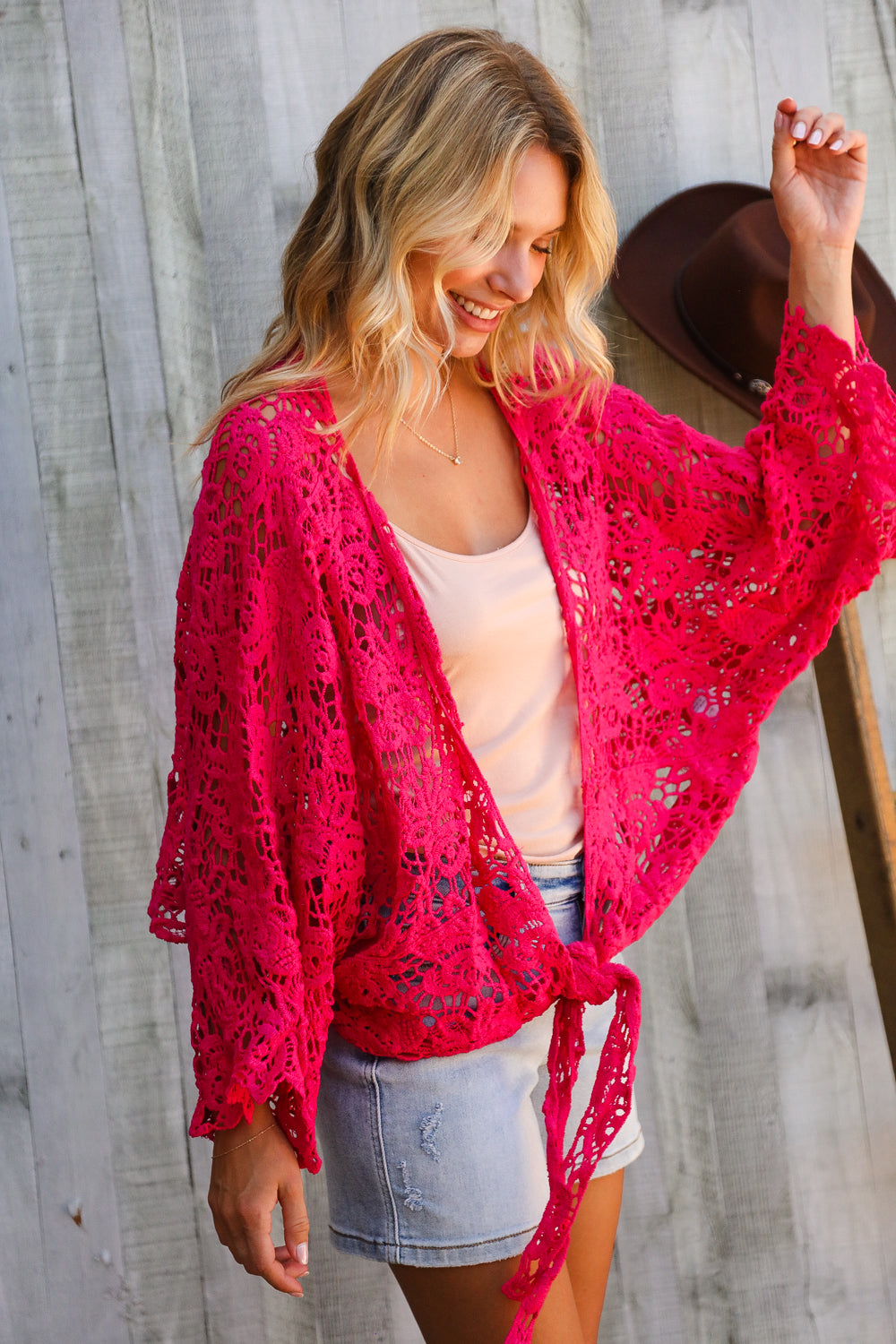 Beautiful You Fuchsia Crochet Front Tie Bell Sleeve Cardigan-Modish Lily, Tecumseh Michigan