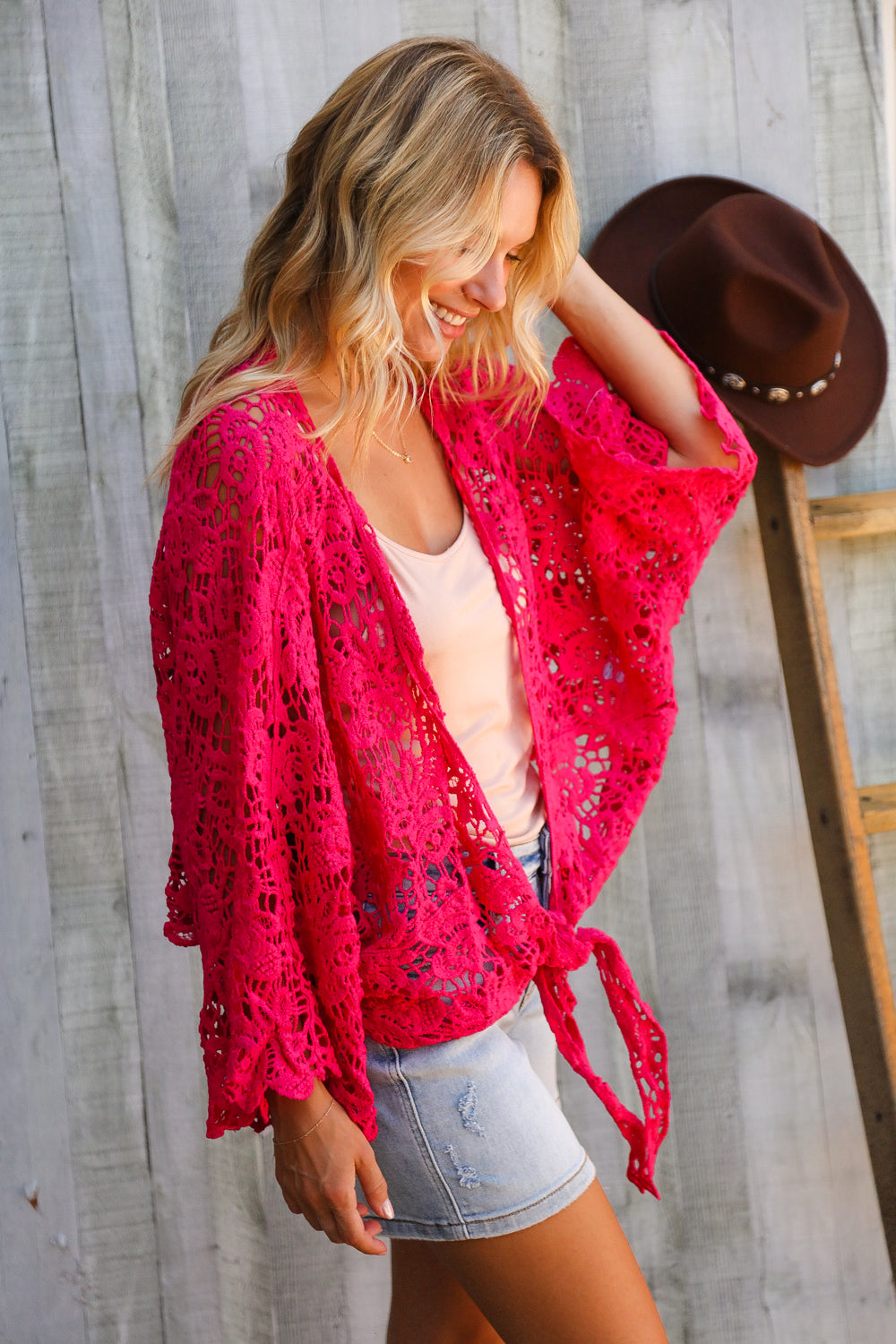 Beautiful You Fuchsia Crochet Front Tie Bell Sleeve Cardigan-Modish Lily, Tecumseh Michigan