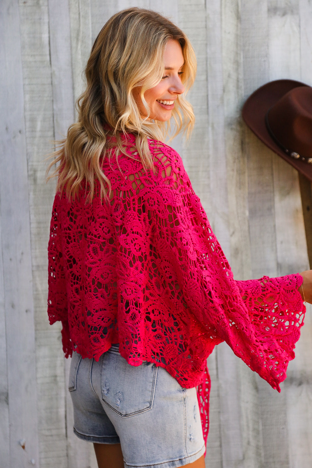 Beautiful You Fuchsia Crochet Front Tie Bell Sleeve Cardigan-Modish Lily, Tecumseh Michigan