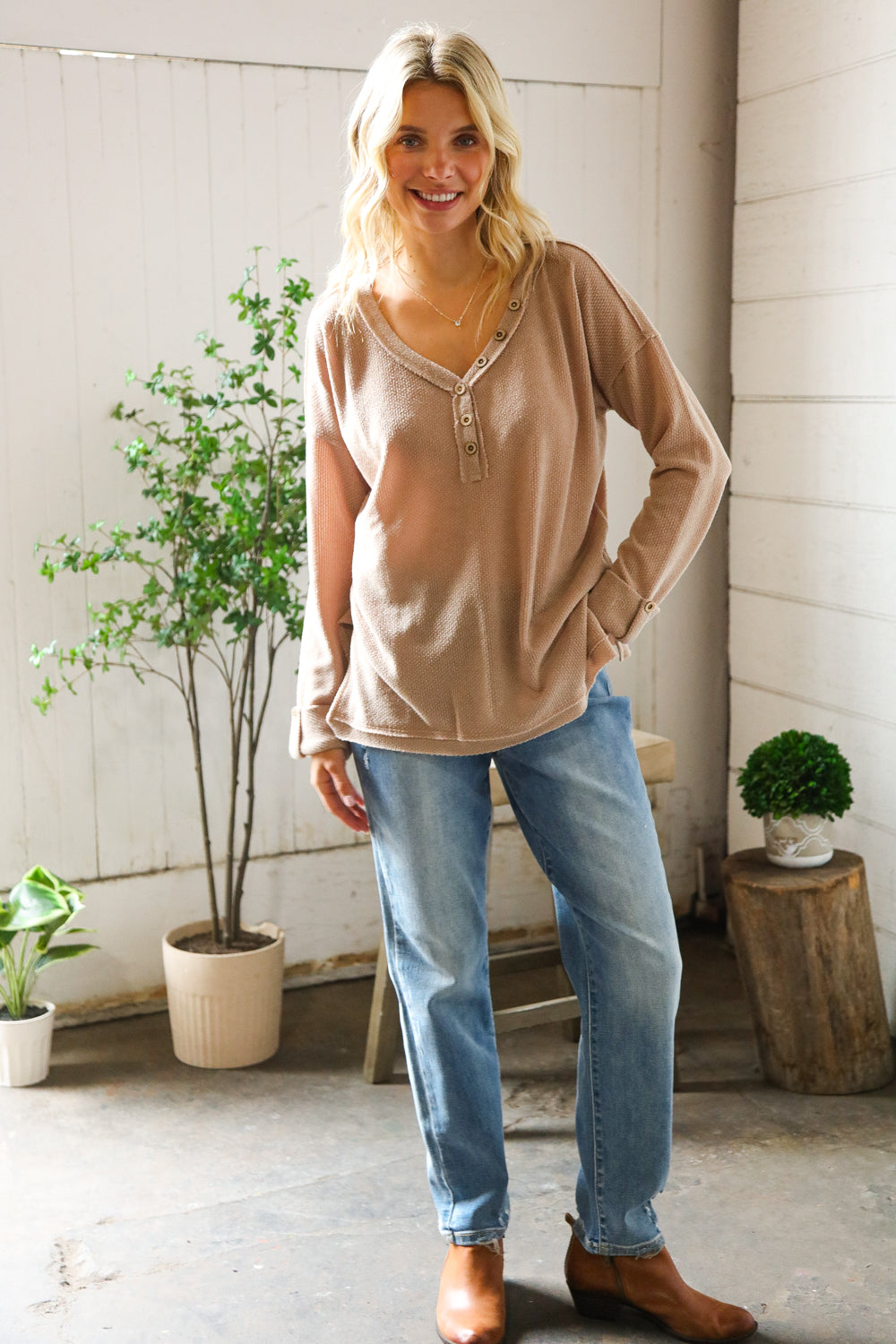 Casual Living Brown Henley Cuff Sleeve Side Slit Pullover-Modish Lily, Tecumseh Michigan