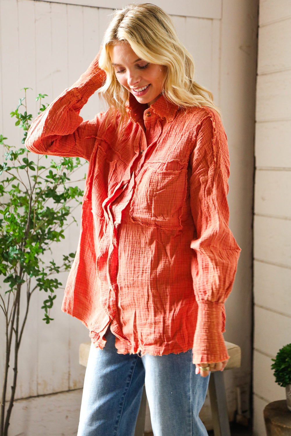 Everyday Persimmon Cotton Smocked Ruffle Detail Shacket-Modish Lily, Tecumseh Michigan