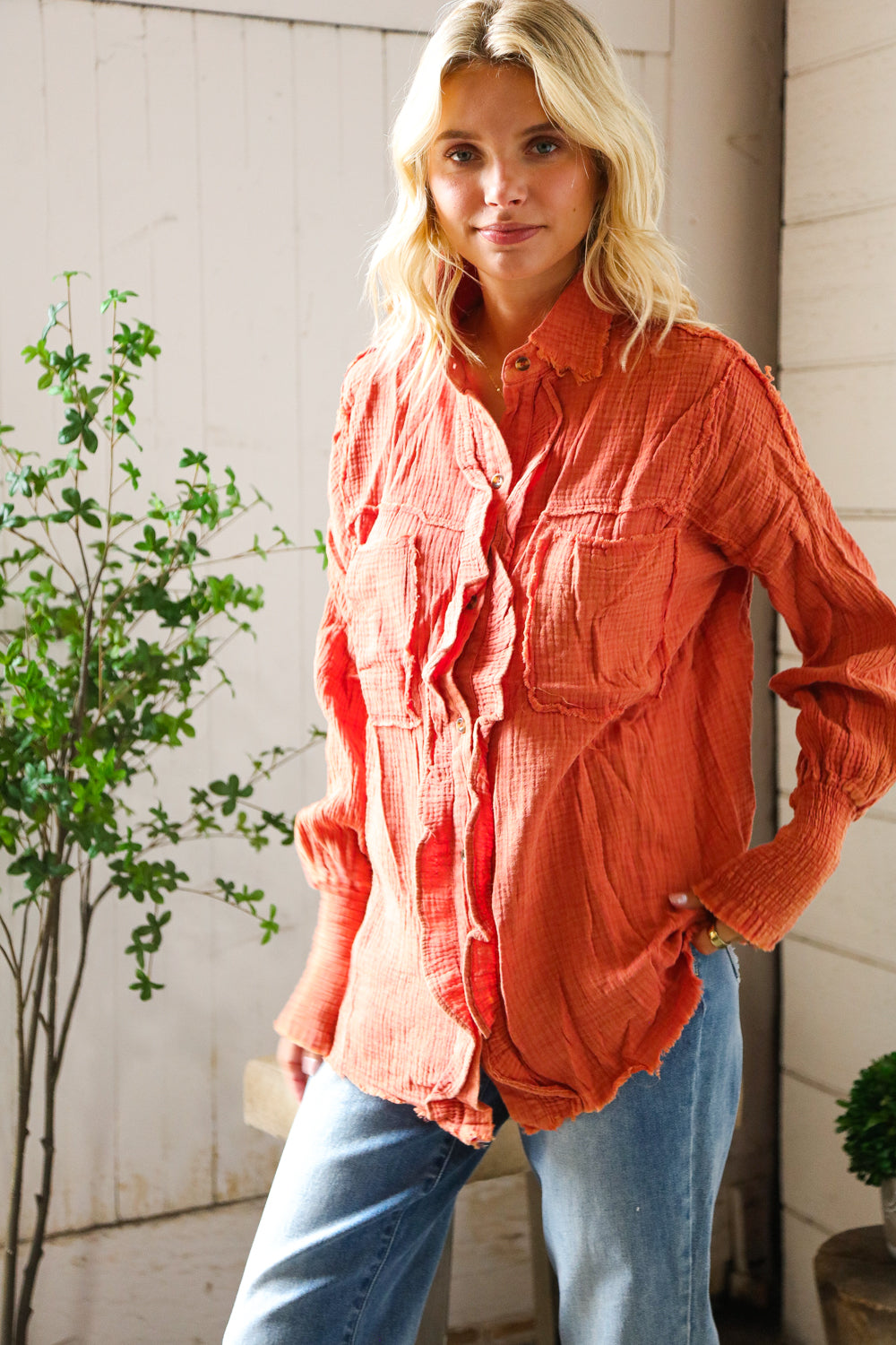 Everyday Persimmon Cotton Smocked Ruffle Detail Shacket-Modish Lily, Tecumseh Michigan