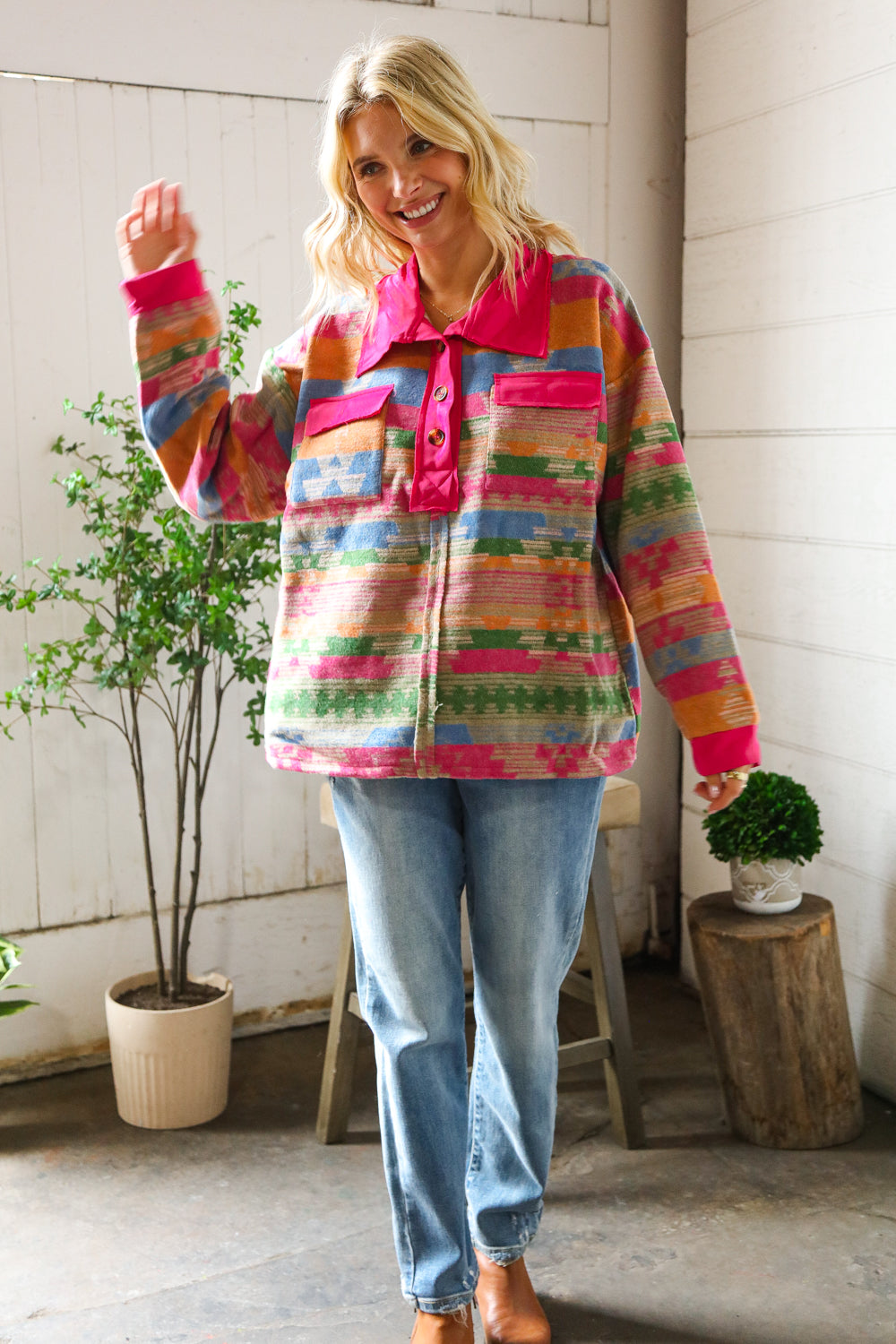 Painted Desert Button Up Pocketed Pullover-Modish Lily, Tecumseh Michigan