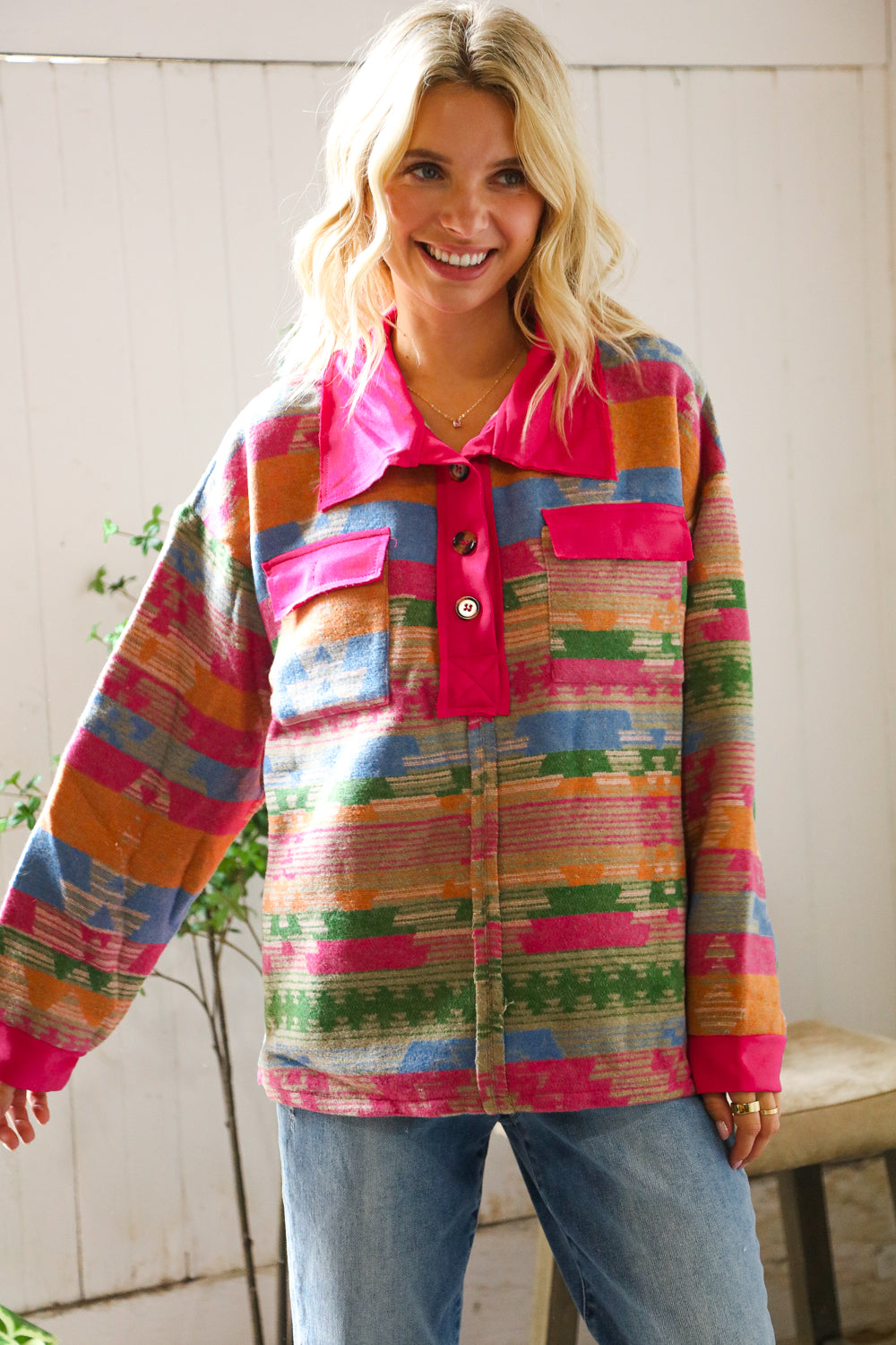 Painted Desert Button Up Pocketed Pullover-Modish Lily, Tecumseh Michigan