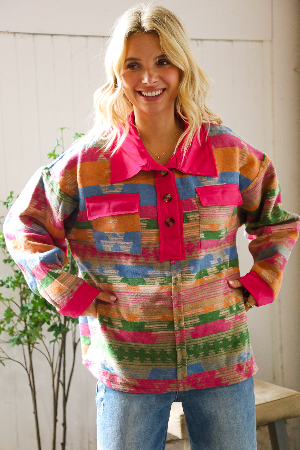 Painted Desert Button Up Pocketed Pullover-Modish Lily, Tecumseh Michigan