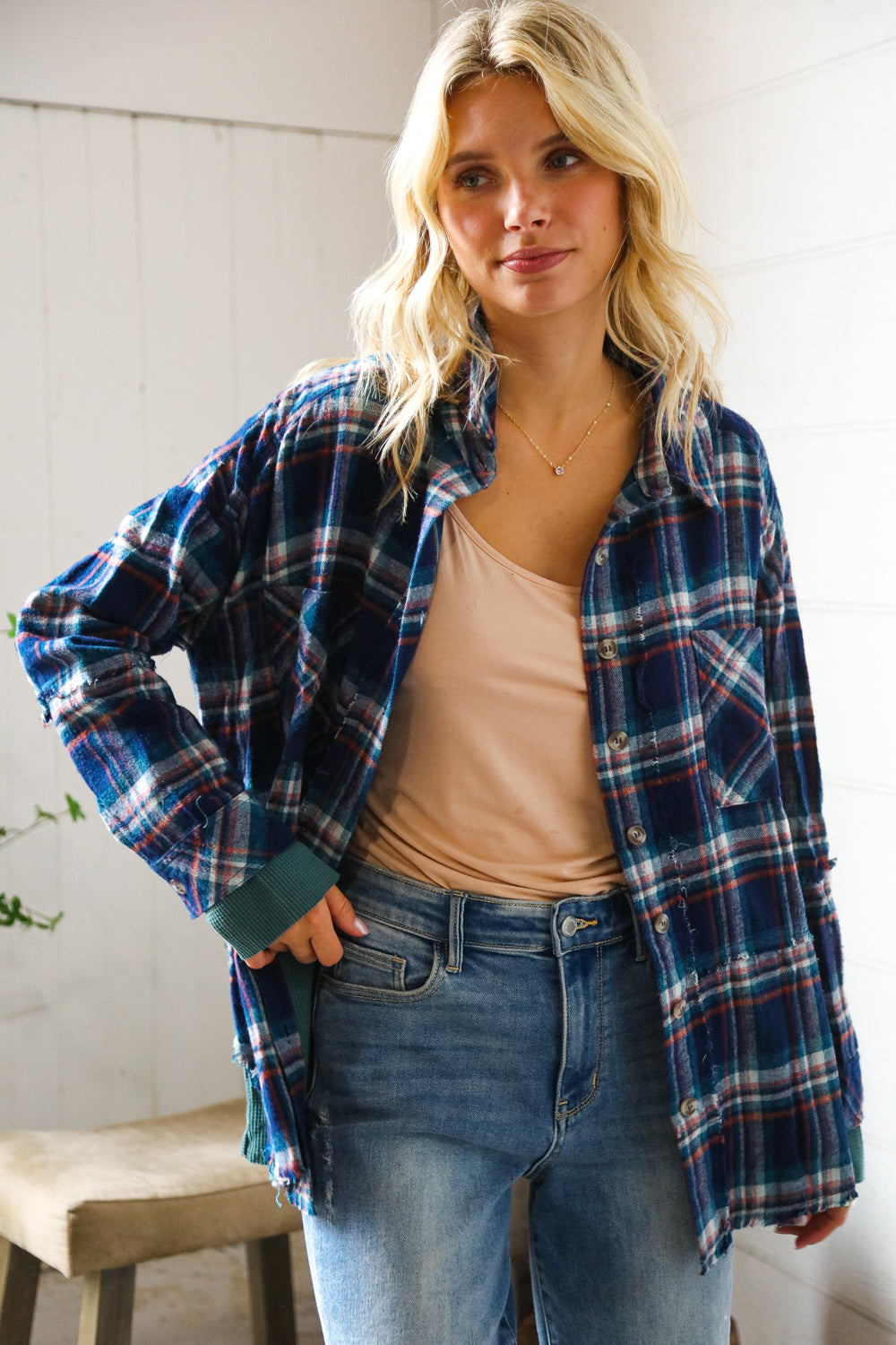 Cooler Days Navy Cotton Flannel with Thermal Trim-Modish Lily, Tecumseh Michigan