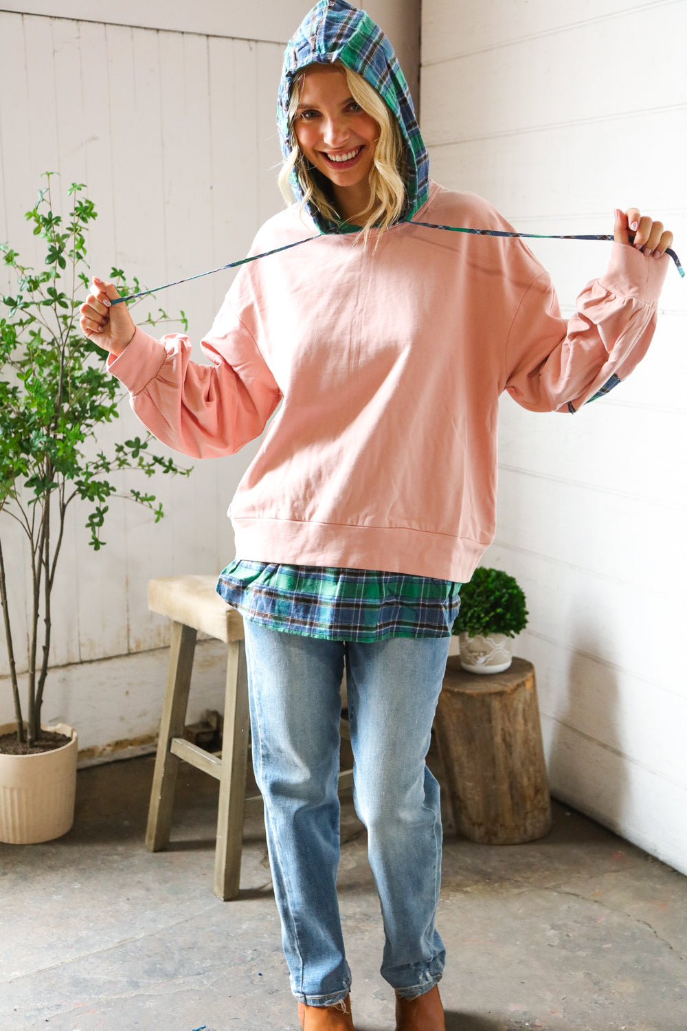 One Starry Night Flannel Hoodie with Elbow Detail-Modish Lily, Tecumseh Michigan