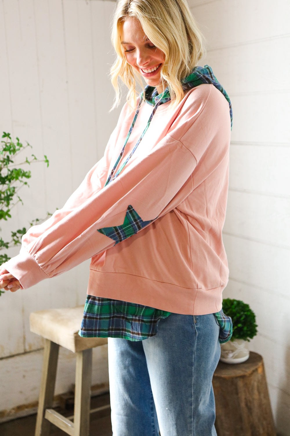 One Starry Night Flannel Hoodie with Elbow Detail-Modish Lily, Tecumseh Michigan