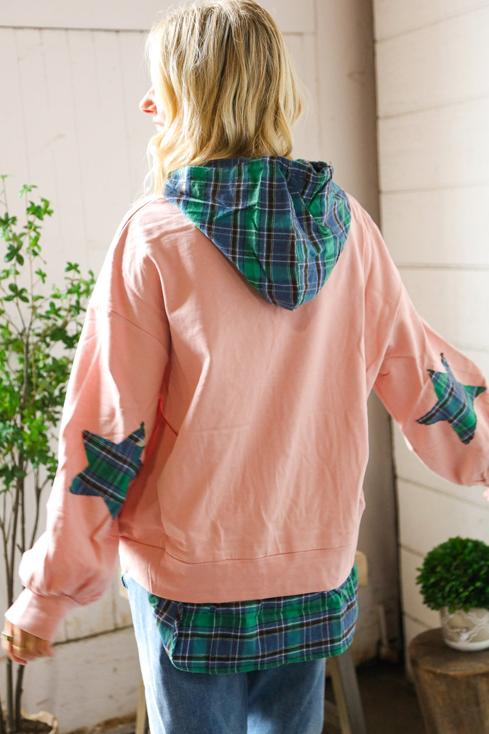 One Starry Night Flannel Hoodie with Elbow Detail-Modish Lily, Tecumseh Michigan
