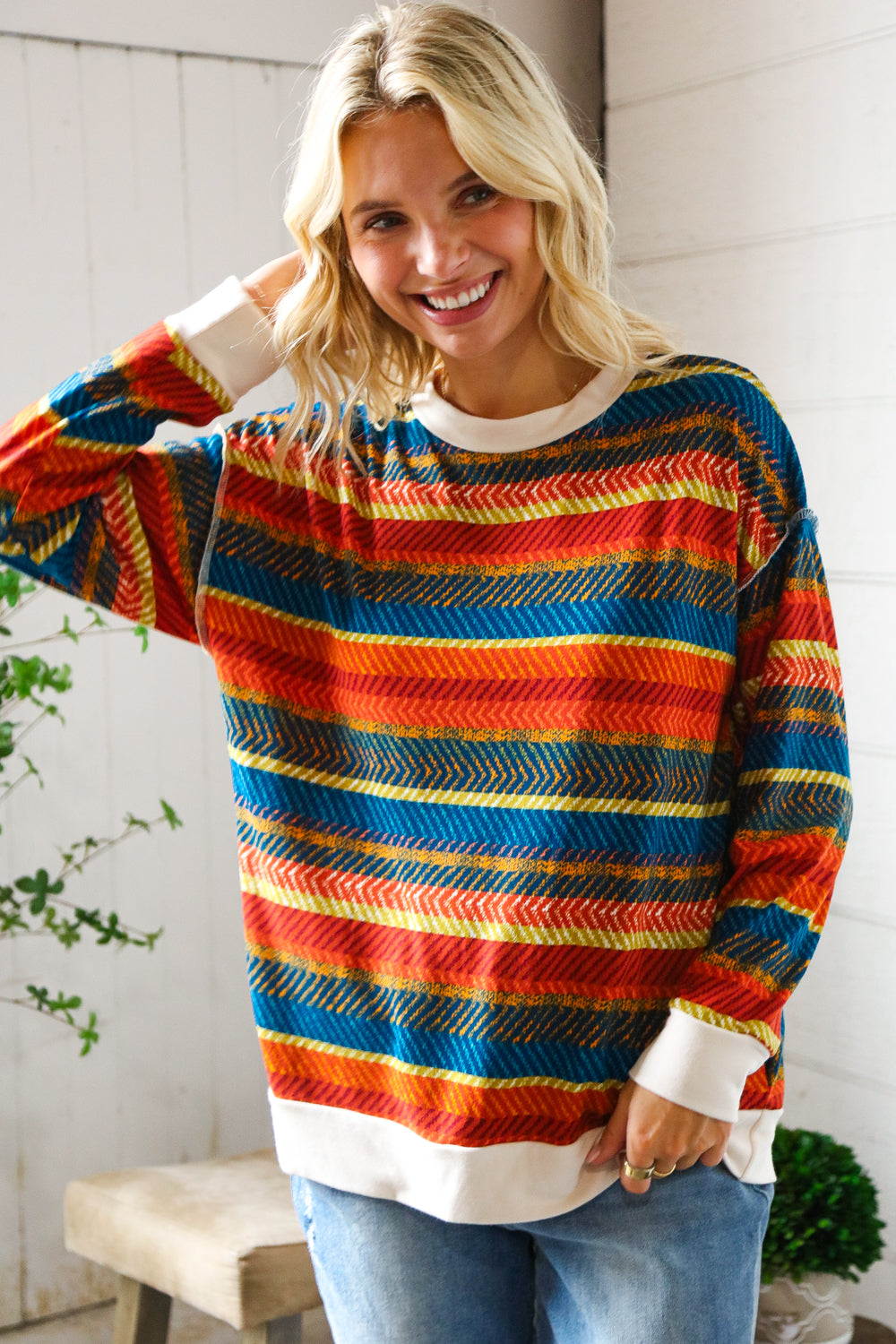Sunset on the Trail Multicolor Textured Oversized Knit Sweater-Modish Lily, Tecumseh Michigan