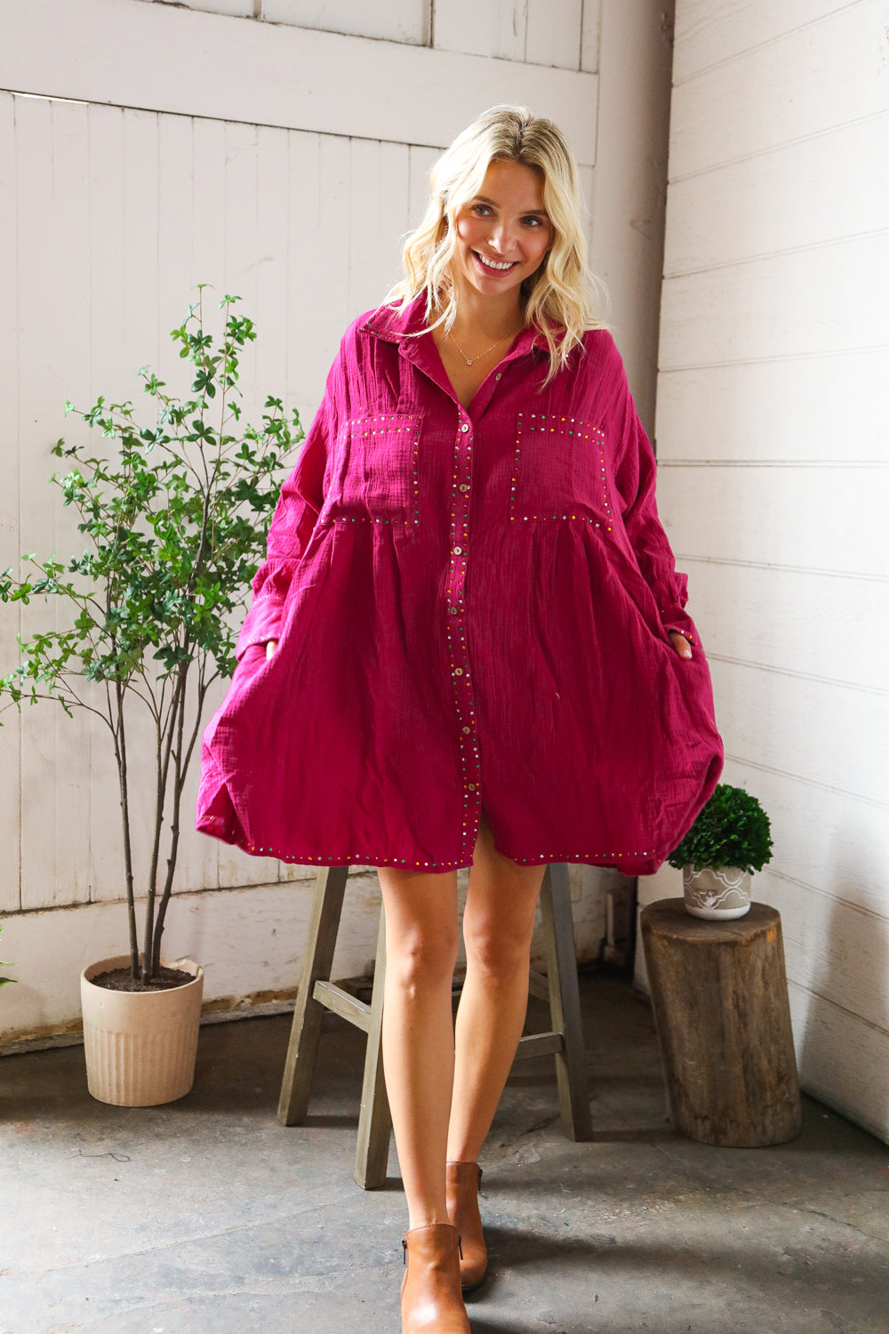 That Cowgirl Flare Cotton Rhinestone Shirt Dress-Modish Lily, Tecumseh Michigan