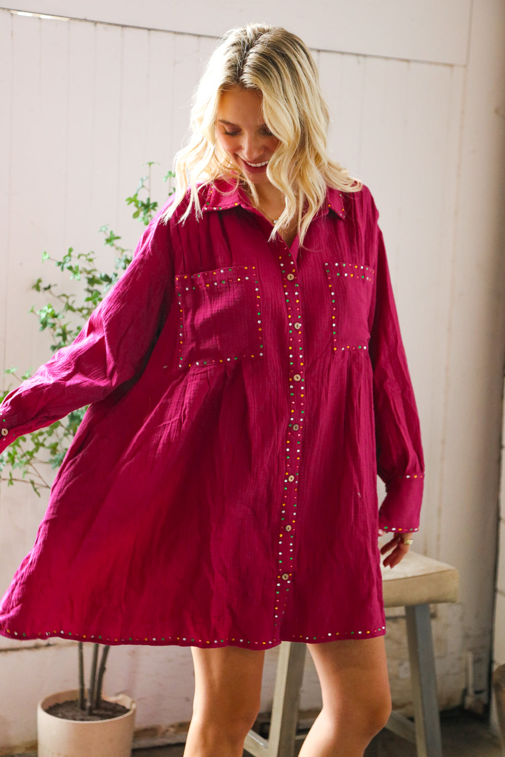 That Cowgirl Flare Cotton Rhinestone Shirt Dress-Modish Lily, Tecumseh Michigan