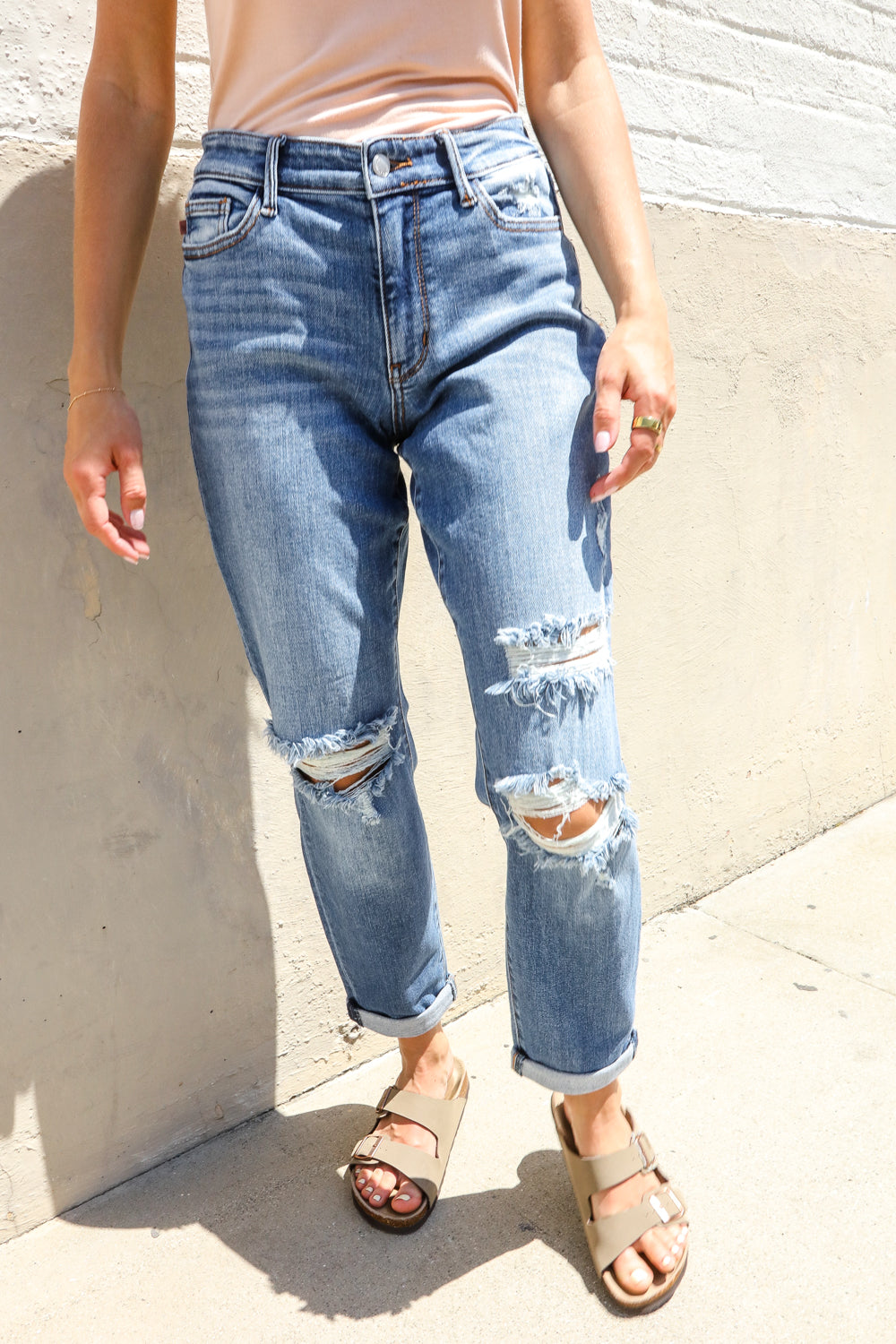 Judy Blue High-Rise Boyfriend Cuffed Hem Distressed Jeans-Modish Lily, Tecumseh Michigan