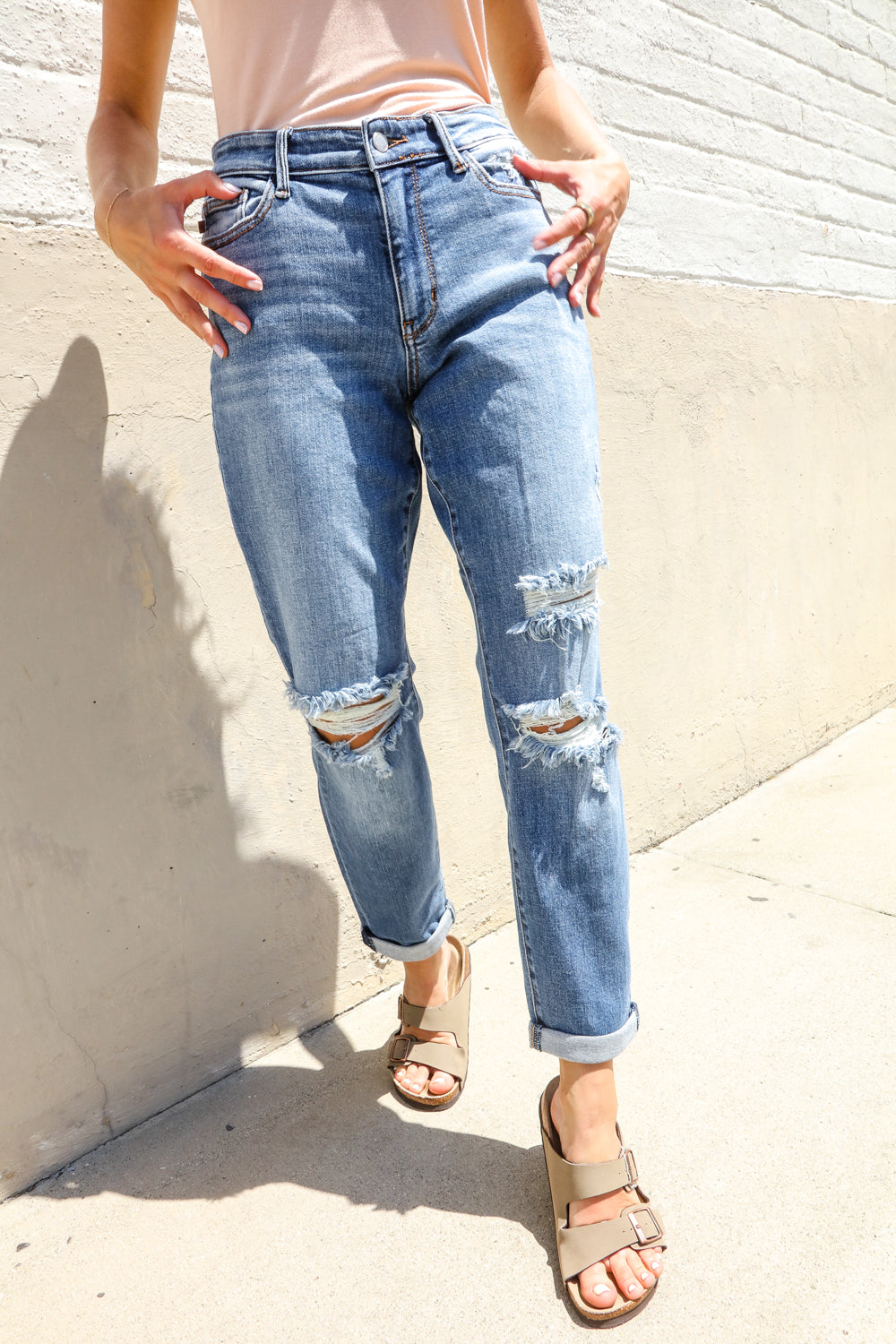 Judy Blue High-Rise Boyfriend Cuffed Hem Distressed Jeans-Modish Lily, Tecumseh Michigan