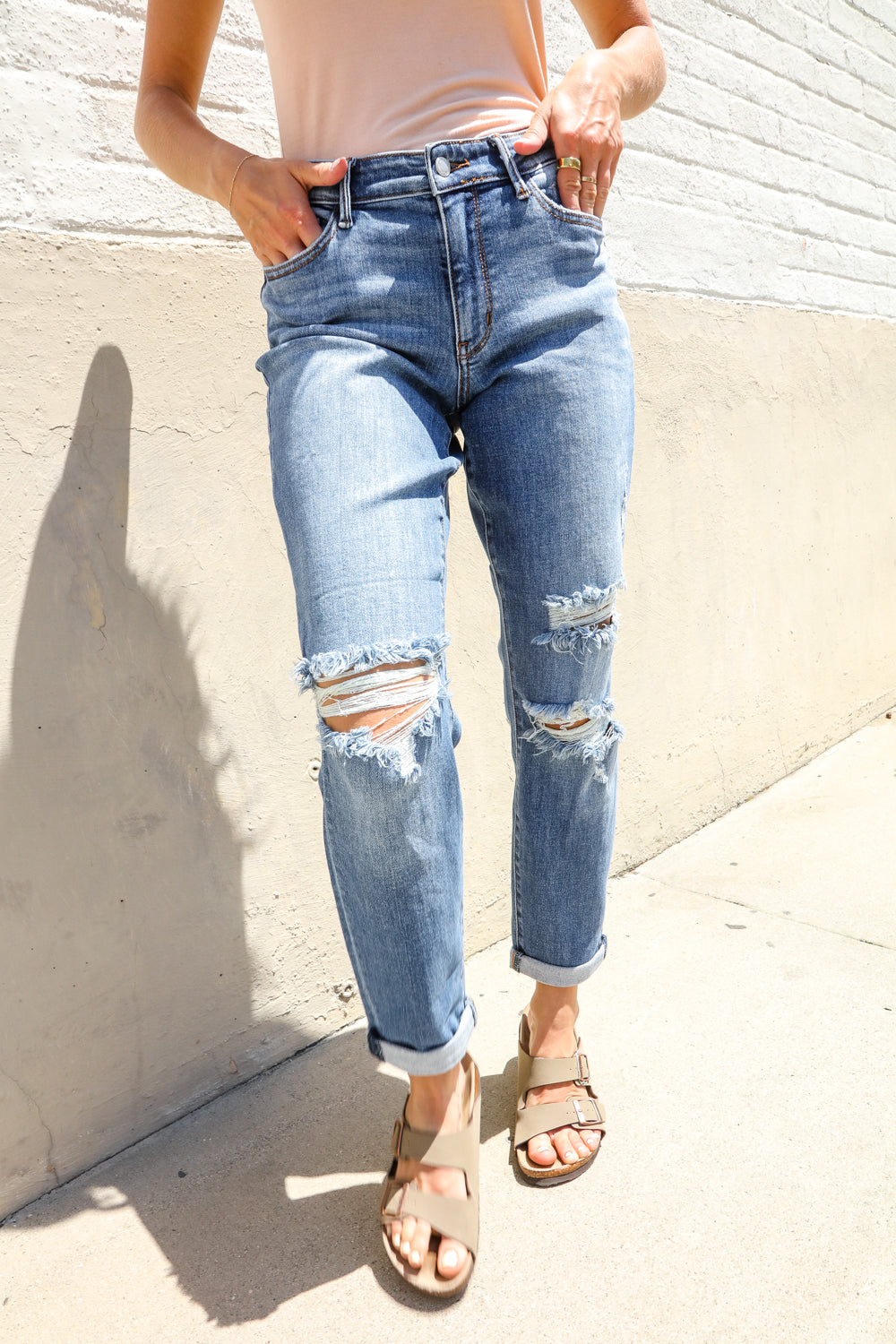 Judy Blue High-Rise Boyfriend Cuffed Hem Distressed Jeans-Modish Lily, Tecumseh Michigan