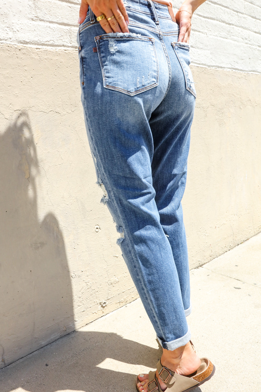 Judy Blue High-Rise Boyfriend Cuffed Hem Distressed Jeans-Modish Lily, Tecumseh Michigan
