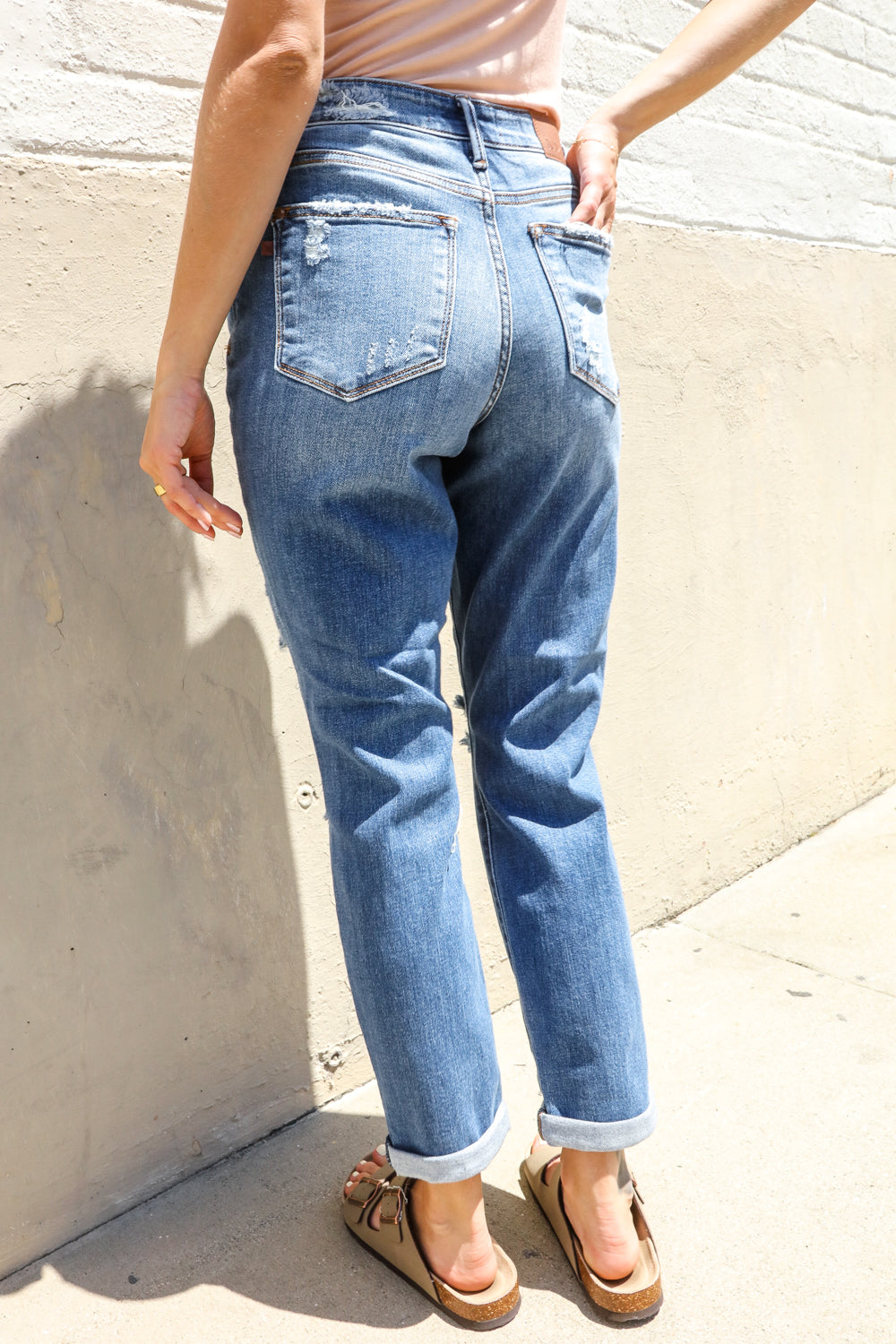 Judy Blue High-Rise Boyfriend Cuffed Hem Distressed Jeans-Modish Lily, Tecumseh Michigan