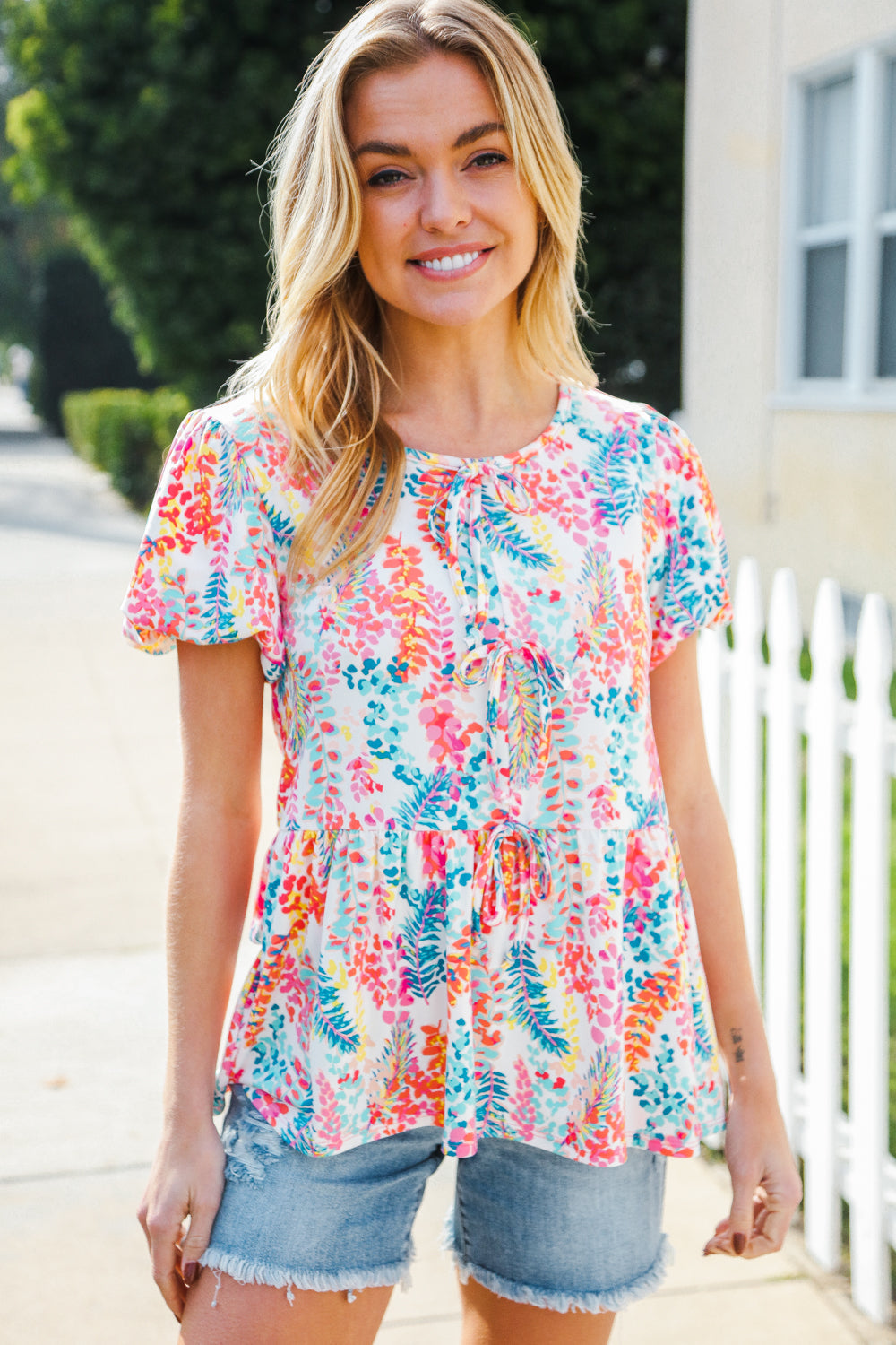 Perfect Find Ivory Floral Leaf Print Short Sleeve Babydoll Top-Modish Lily, Tecumseh Michigan