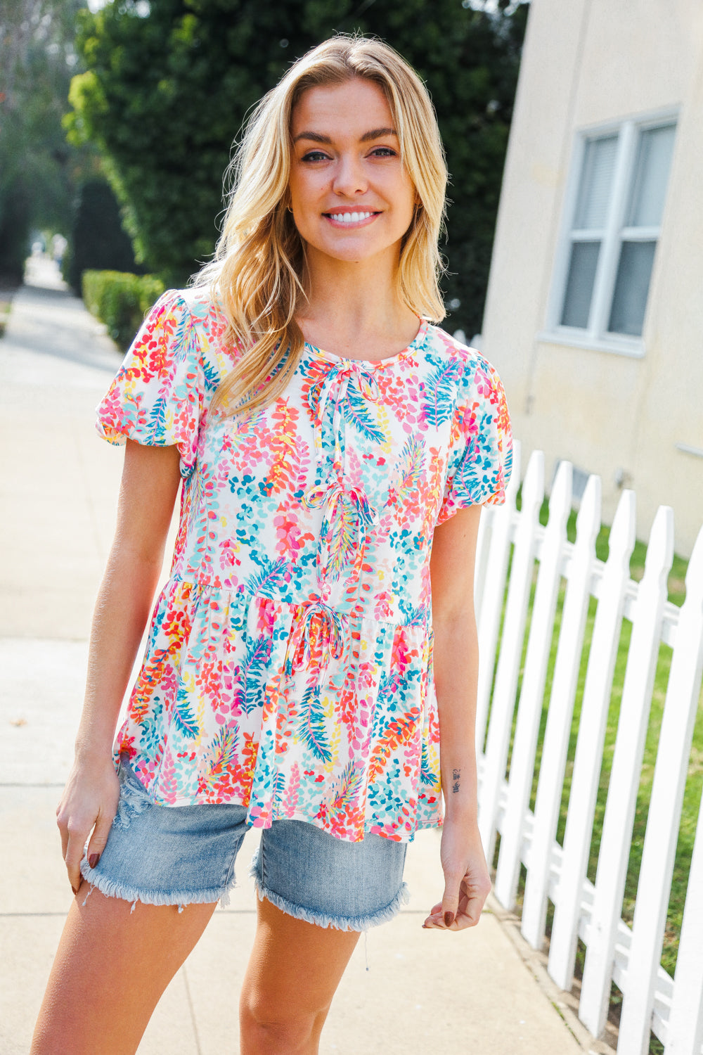 Perfect Find Ivory Floral Leaf Print Short Sleeve Babydoll Top-Modish Lily, Tecumseh Michigan