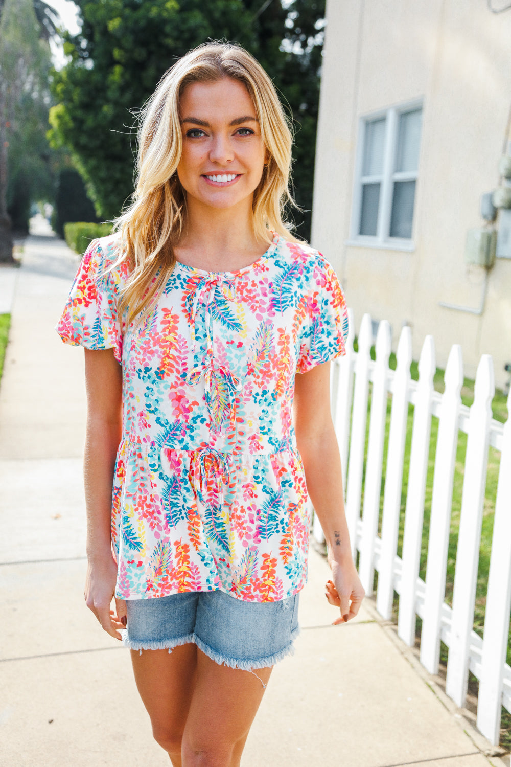 Perfect Find Ivory Floral Leaf Print Short Sleeve Babydoll Top-Modish Lily, Tecumseh Michigan