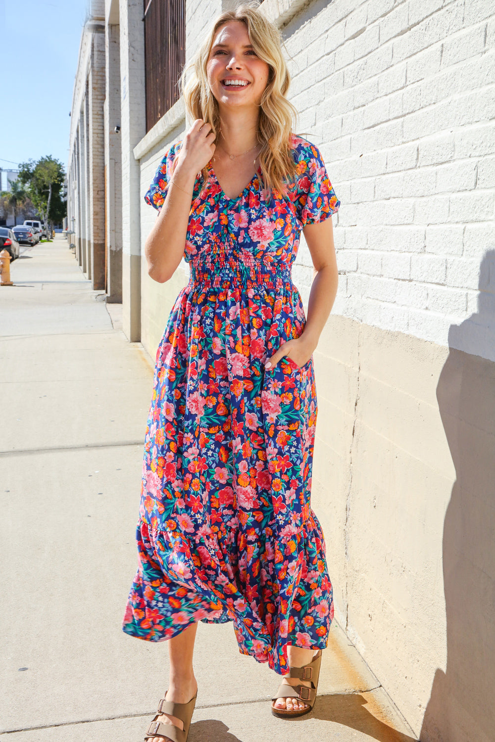 Find Love Blue Floral Raglan Puff Sleeves V Neck Smocked Waist Maxi-Modish Lily, Tecumseh Michigan