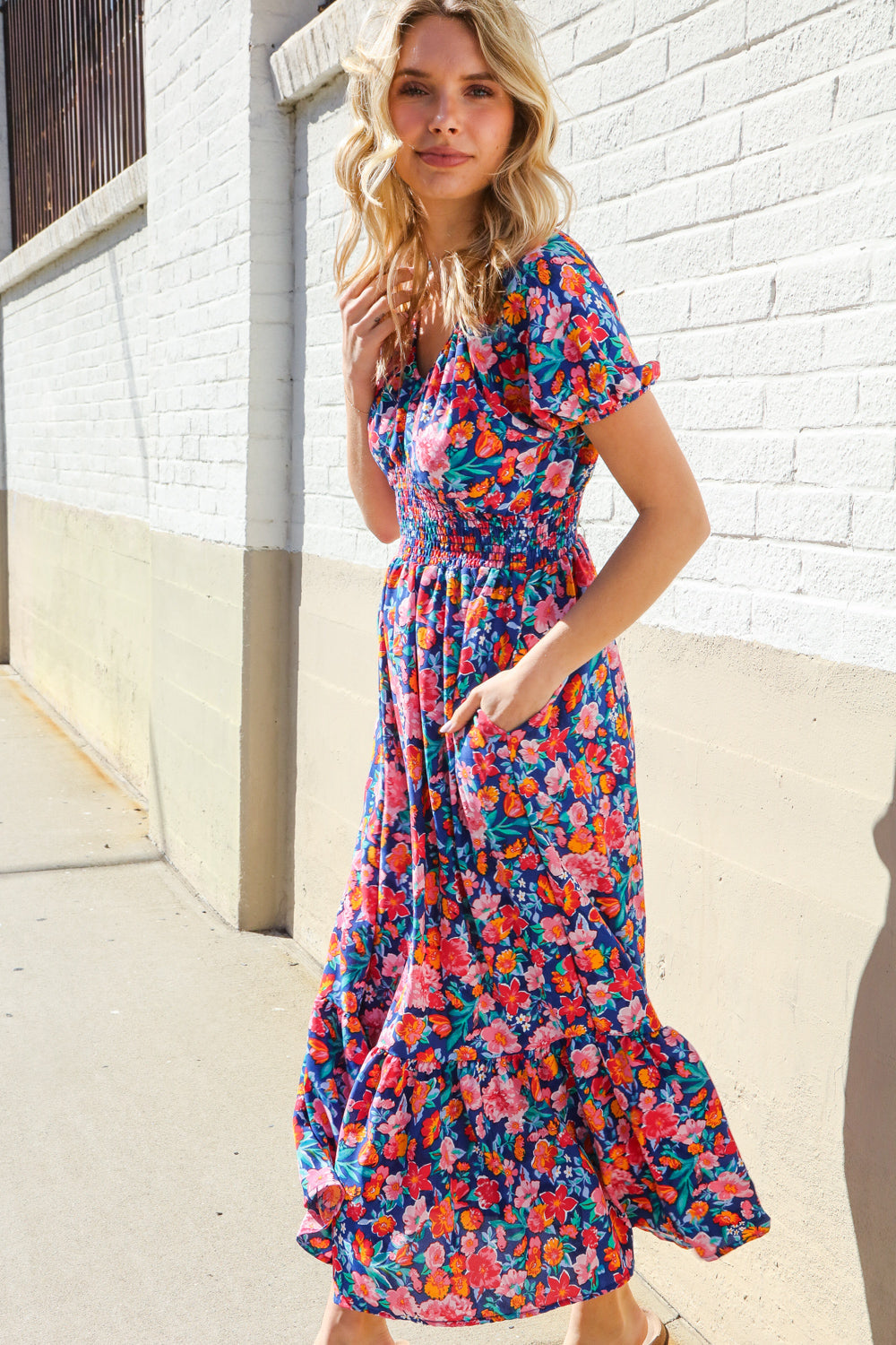 Find Love Blue Floral Raglan Puff Sleeves V Neck Smocked Waist Maxi-Modish Lily, Tecumseh Michigan