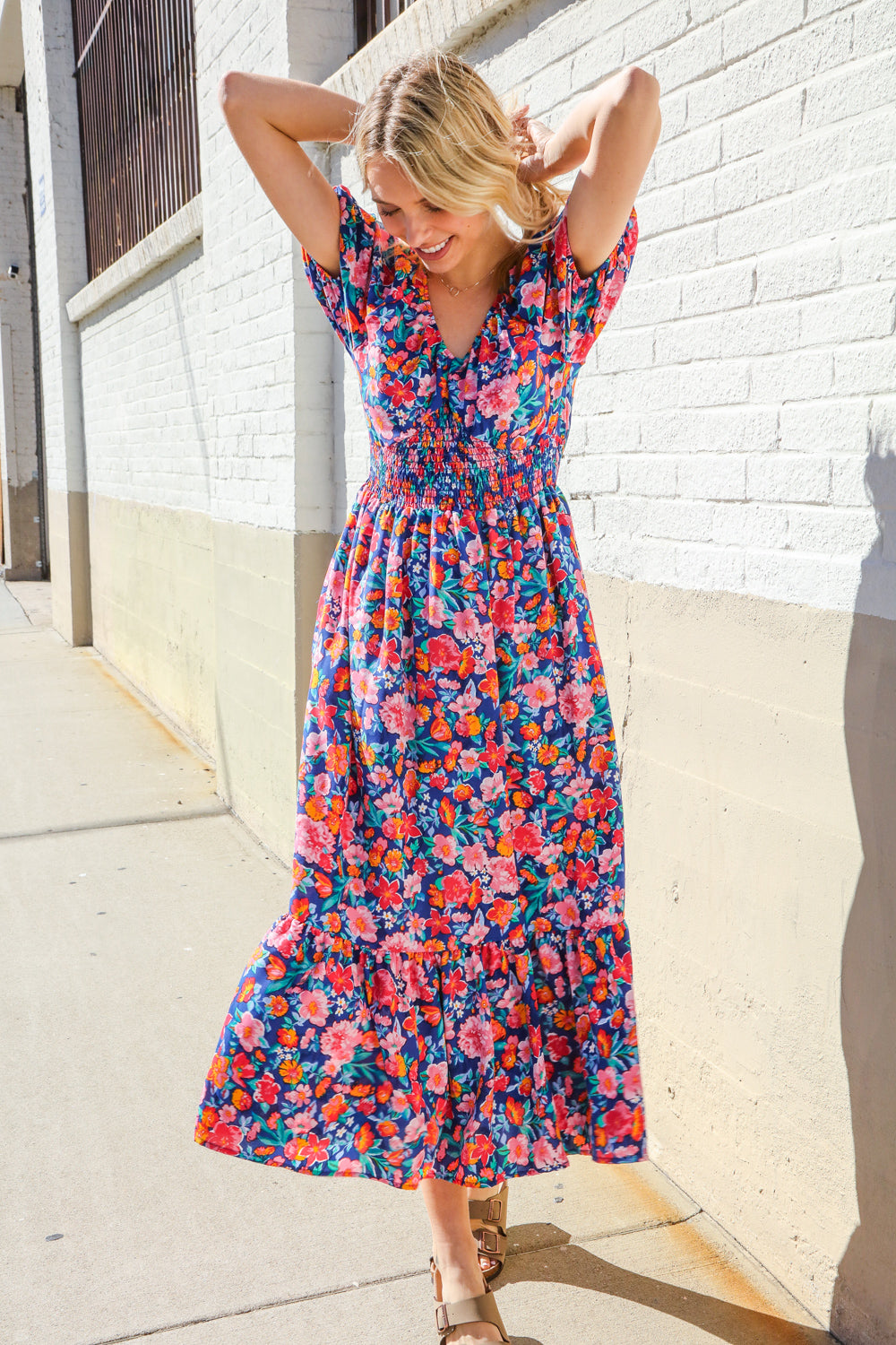 Find Love Blue Floral Raglan Puff Sleeves V Neck Smocked Waist Maxi-Modish Lily, Tecumseh Michigan