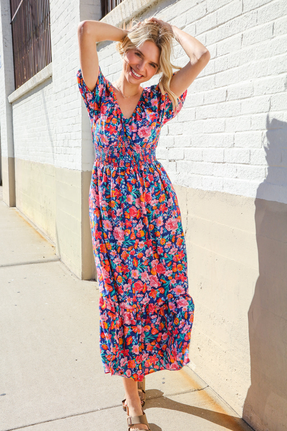 Find Love Blue Floral Raglan Puff Sleeves V Neck Smocked Waist Maxi-Modish Lily, Tecumseh Michigan