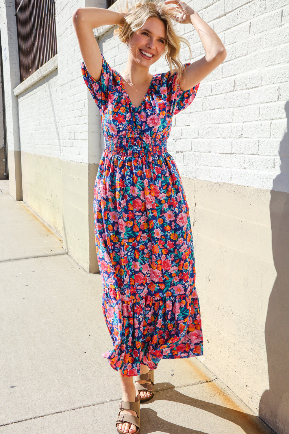 Find Love Blue Floral Raglan Puff Sleeves V Neck Smocked Waist Maxi-Modish Lily, Tecumseh Michigan