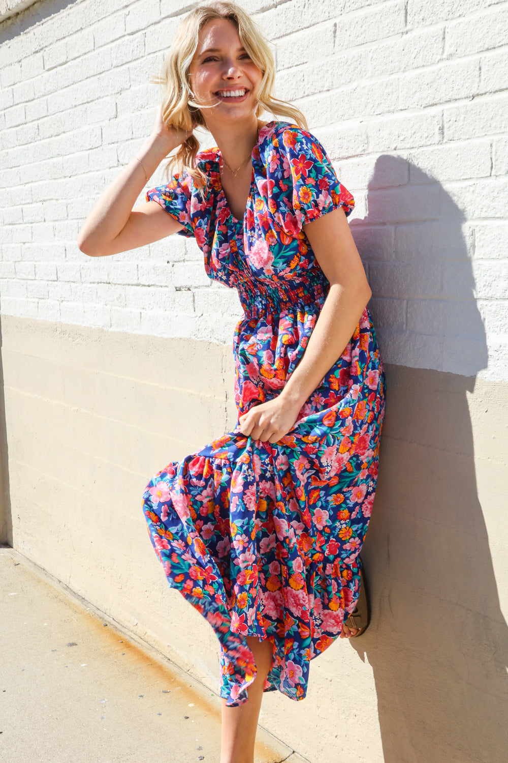 Find Love Blue Floral Raglan Puff Sleeves V Neck Smocked Waist Maxi-Modish Lily, Tecumseh Michigan