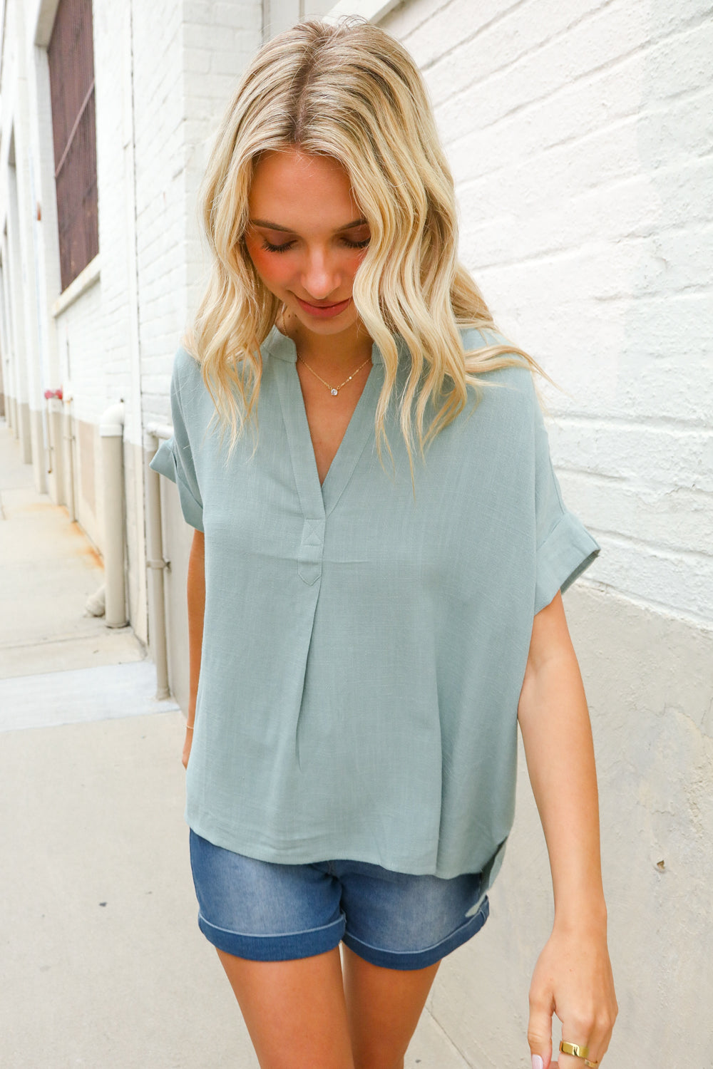 Casual Chic Sage Linen Notch Neck Dolman Short Sleeve Top-Modish Lily, Tecumseh Michigan