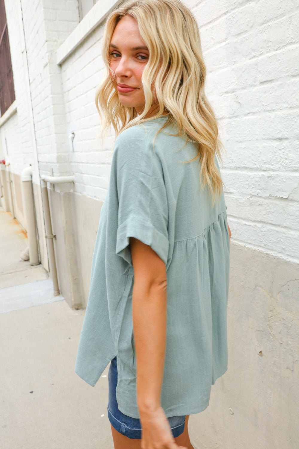 Casual Chic Sage Linen Notch Neck Dolman Short Sleeve Top-Modish Lily, Tecumseh Michigan