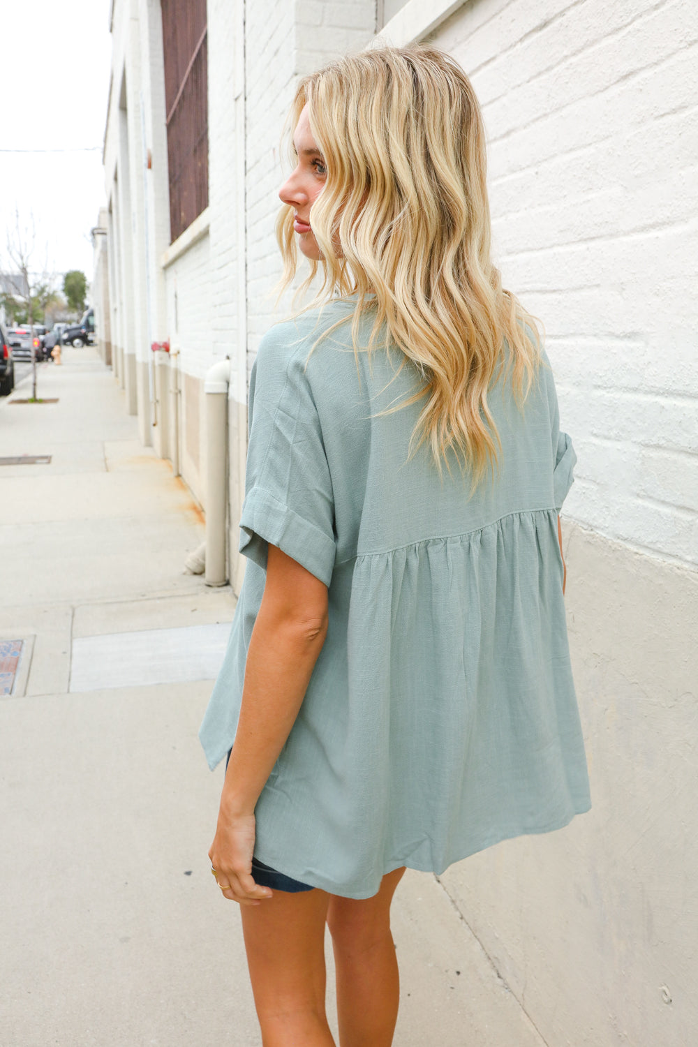 Casual Chic Sage Linen Notch Neck Dolman Short Sleeve Top-Modish Lily, Tecumseh Michigan