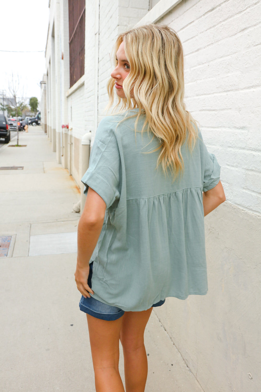 Casual Chic Sage Linen Notch Neck Dolman Short Sleeve Top-Modish Lily, Tecumseh Michigan