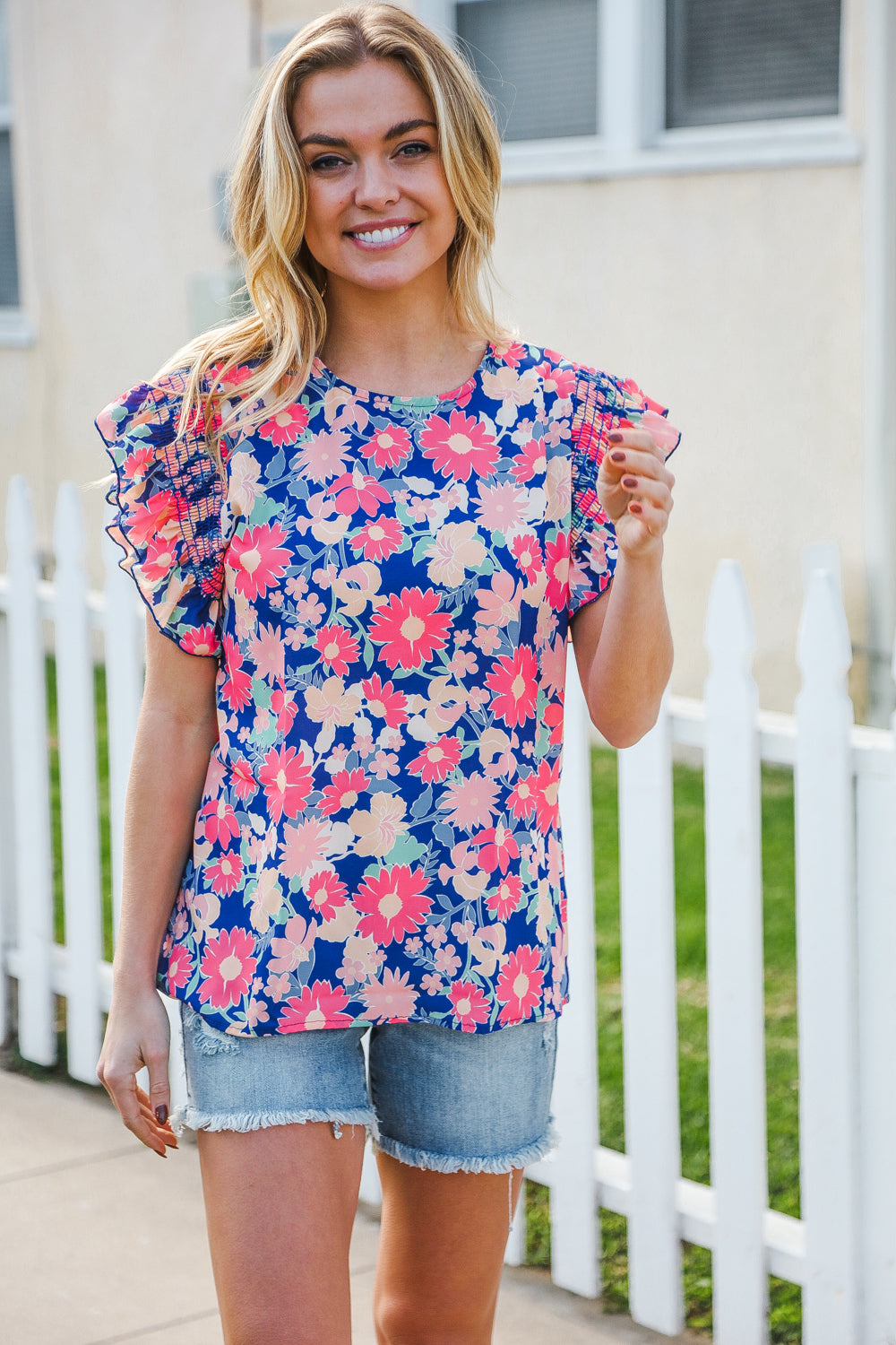 Vacay Ready Blue & Fuchsia Floral Smocked Ruffle Sleeve Top-2024 Blow-Out Sale-Modish Lily, Tecumseh Michigan