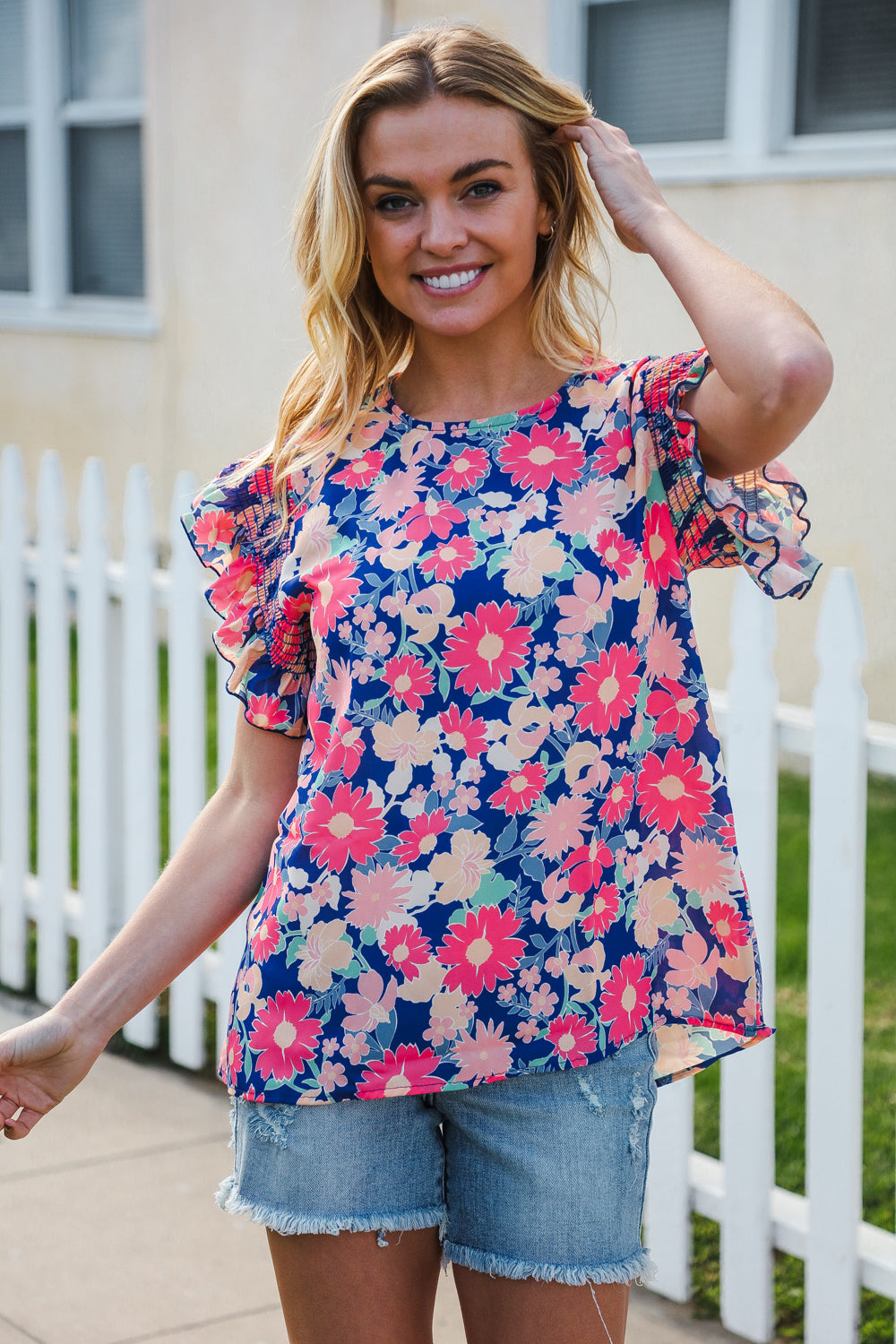 Vacay Ready Blue & Fuchsia Floral Smocked Ruffle Sleeve Top-2024 Blow-Out Sale-Modish Lily, Tecumseh Michigan