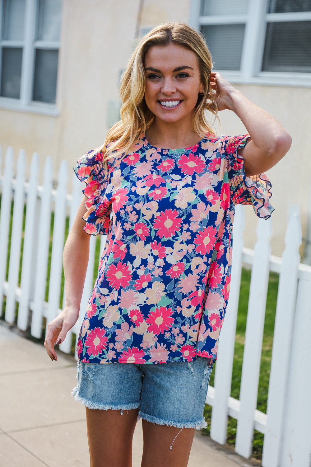 Vacay Ready Blue & Fuchsia Floral Smocked Ruffle Sleeve Top-2024 Blow-Out Sale-Modish Lily, Tecumseh Michigan