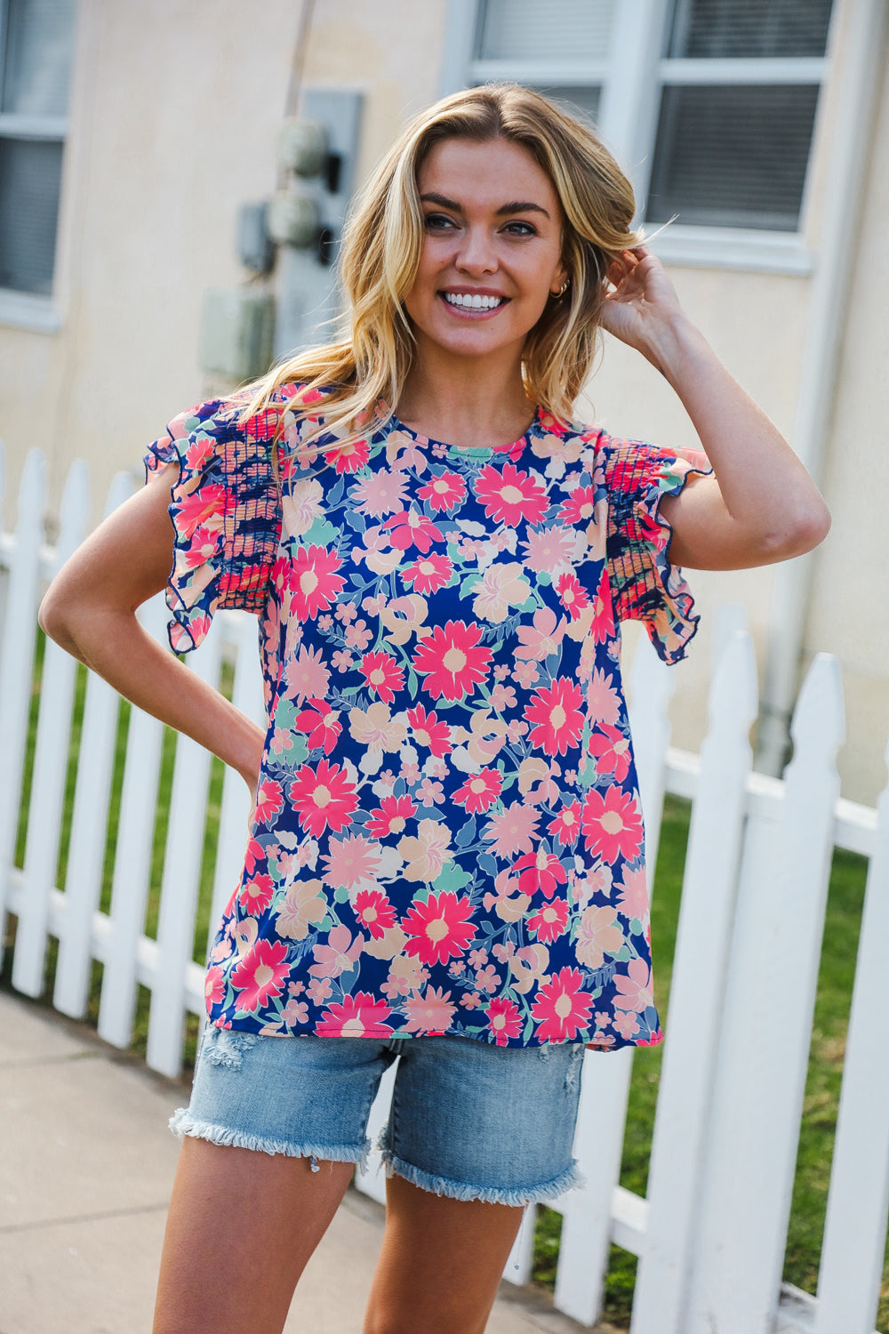 Vacay Ready Blue & Fuchsia Floral Smocked Ruffle Sleeve Top-2024 Blow-Out Sale-Modish Lily, Tecumseh Michigan