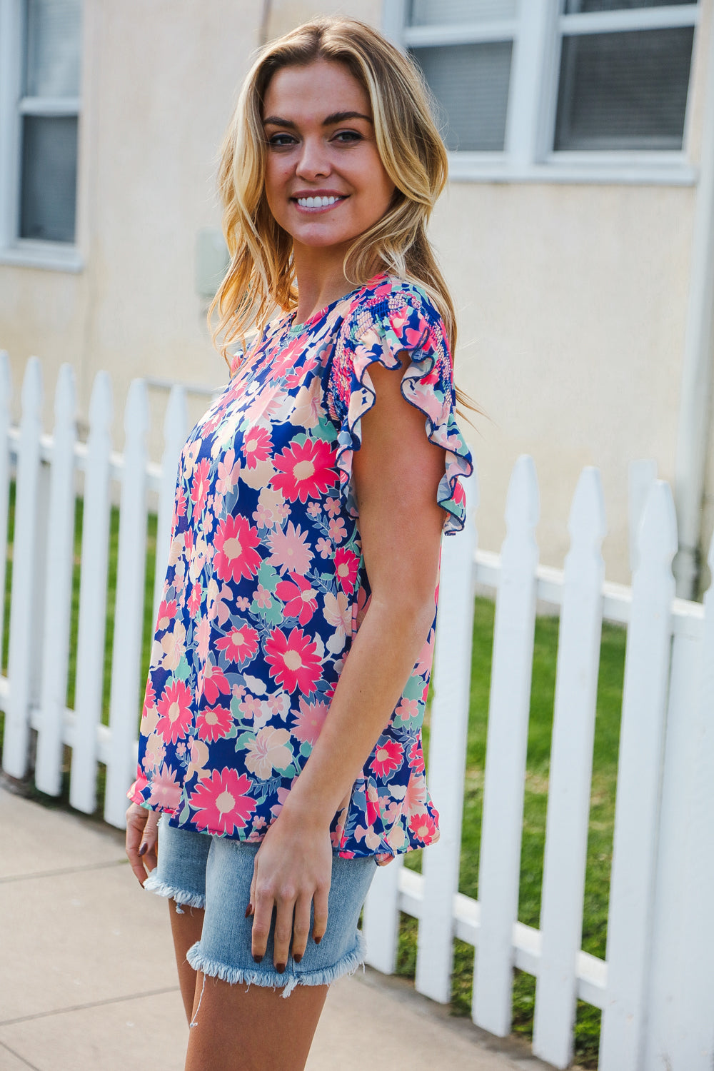 Vacay Ready Blue & Fuchsia Floral Smocked Ruffle Sleeve Top-2024 Blow-Out Sale-Modish Lily, Tecumseh Michigan