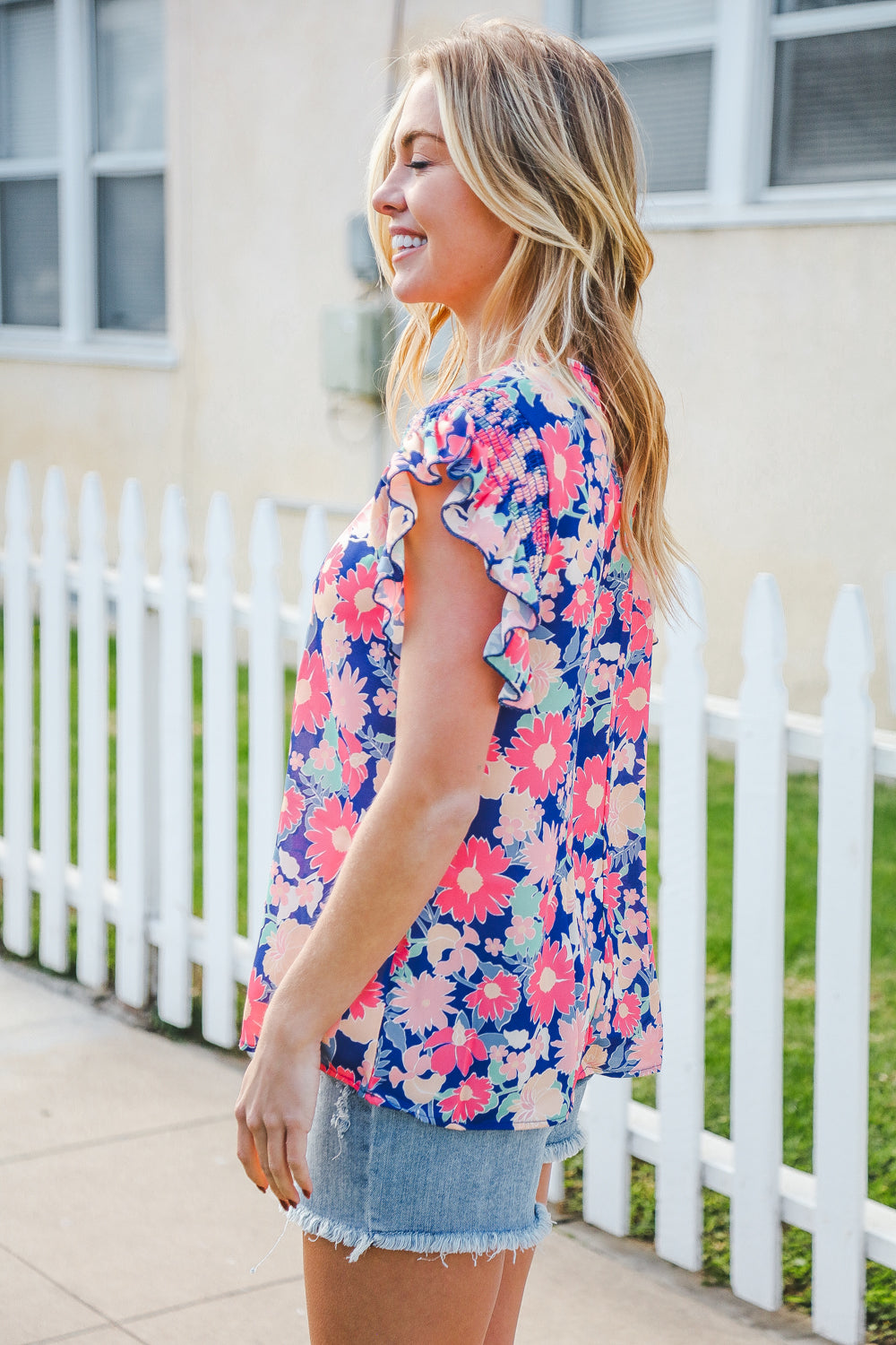 Vacay Ready Blue & Fuchsia Floral Smocked Ruffle Sleeve Top-2024 Blow-Out Sale-Modish Lily, Tecumseh Michigan