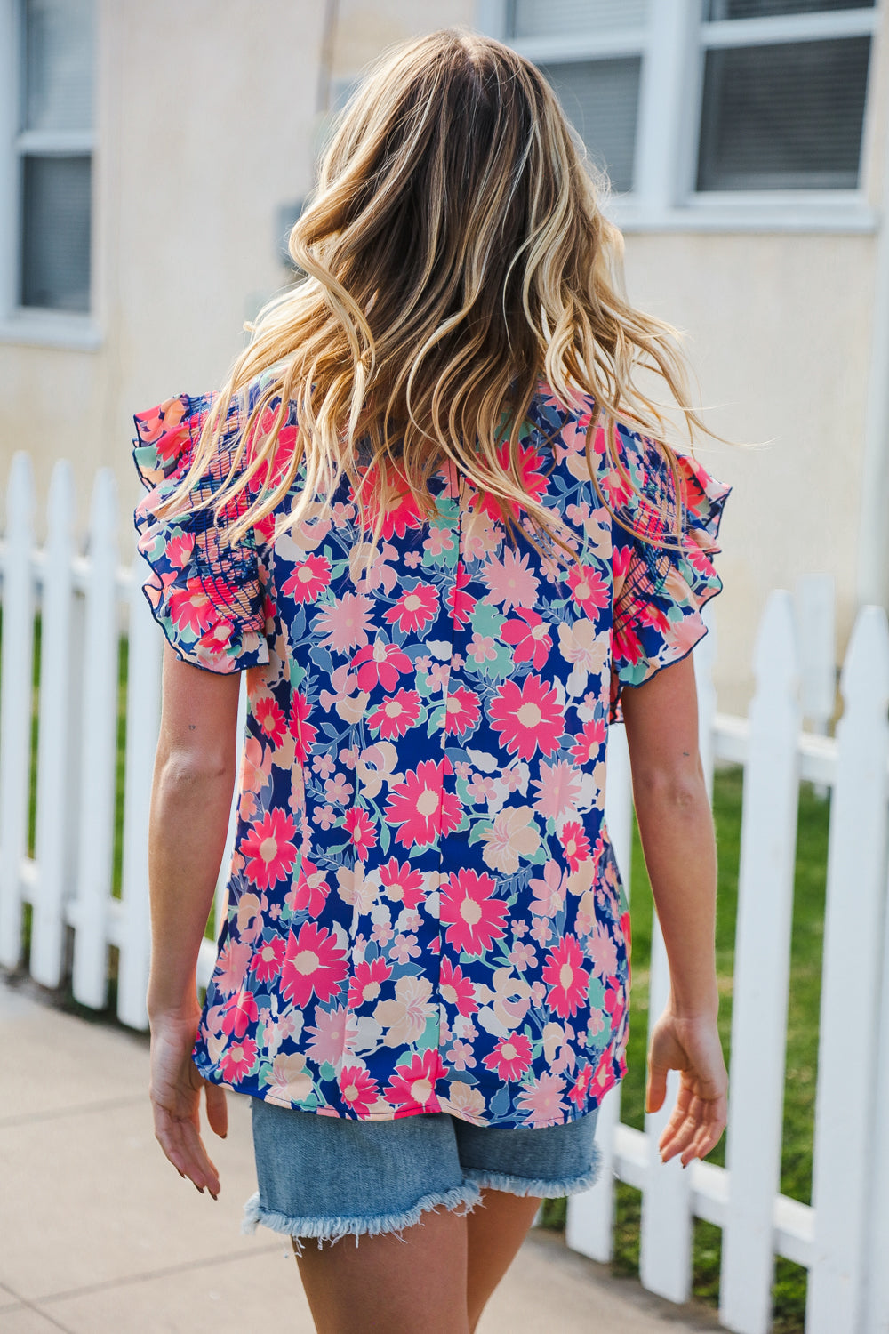 Vacay Ready Blue & Fuchsia Floral Smocked Ruffle Sleeve Top-2024 Blow-Out Sale-Modish Lily, Tecumseh Michigan