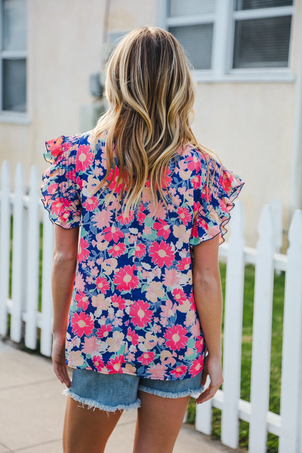 Vacay Ready Blue & Fuchsia Floral Smocked Ruffle Sleeve Top-2024 Blow-Out Sale-Modish Lily, Tecumseh Michigan