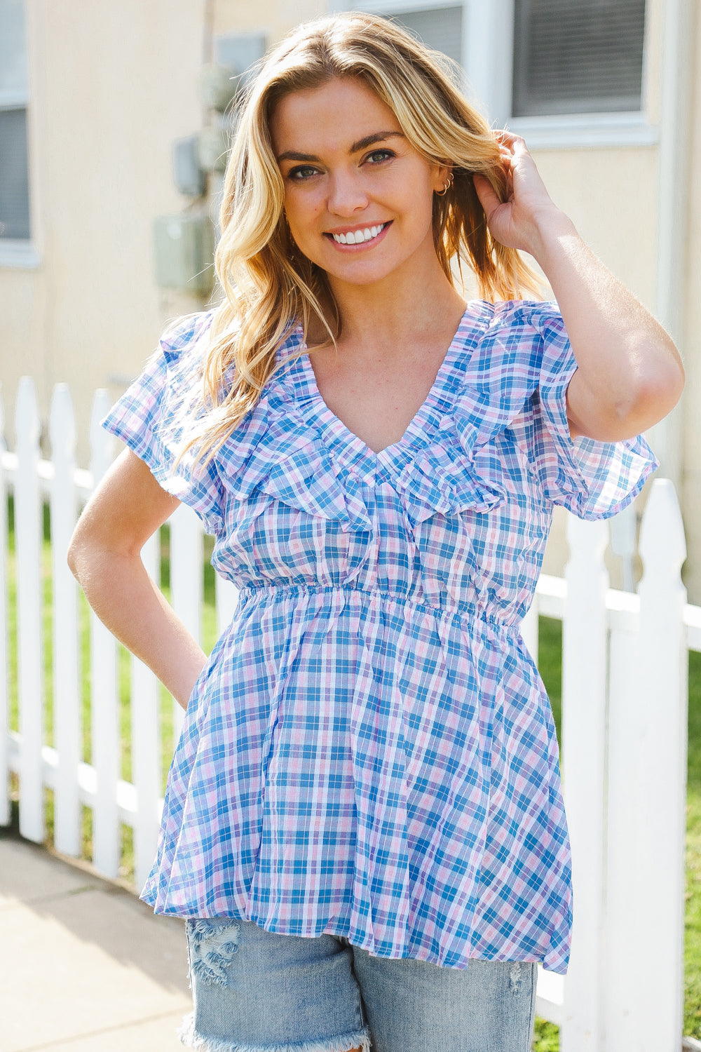 Hello Beautiful Blue Plaid V Neck Ruffle Elastic Babydoll Top-2024 Blow-Out Sale-Modish Lily, Tecumseh Michigan