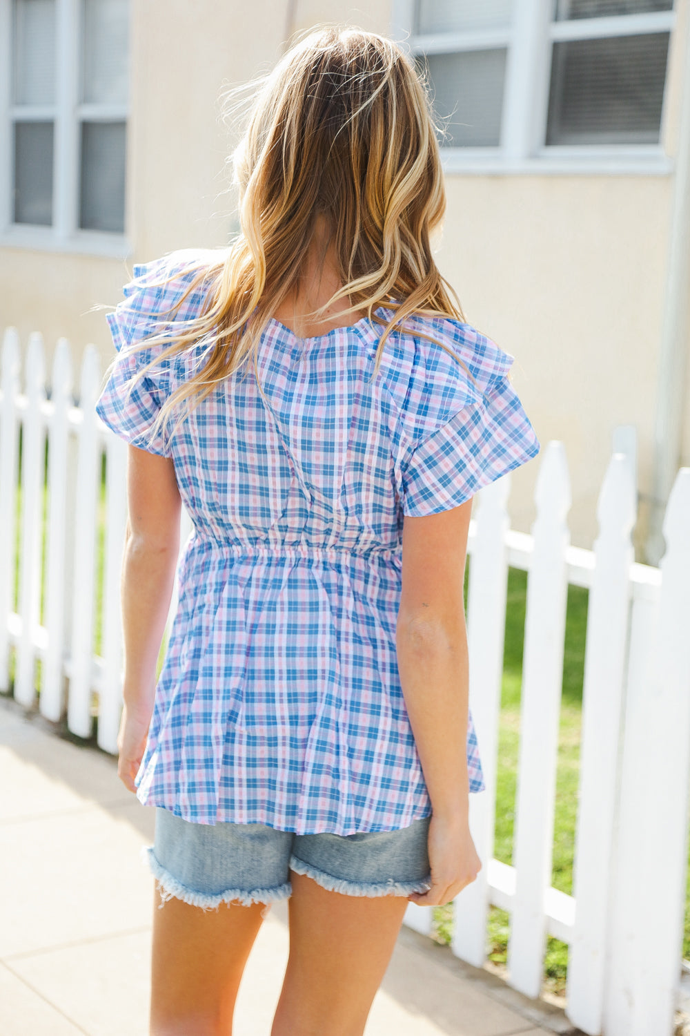 Hello Beautiful Blue Plaid V Neck Ruffle Elastic Babydoll Top-2024 Blow-Out Sale-Modish Lily, Tecumseh Michigan