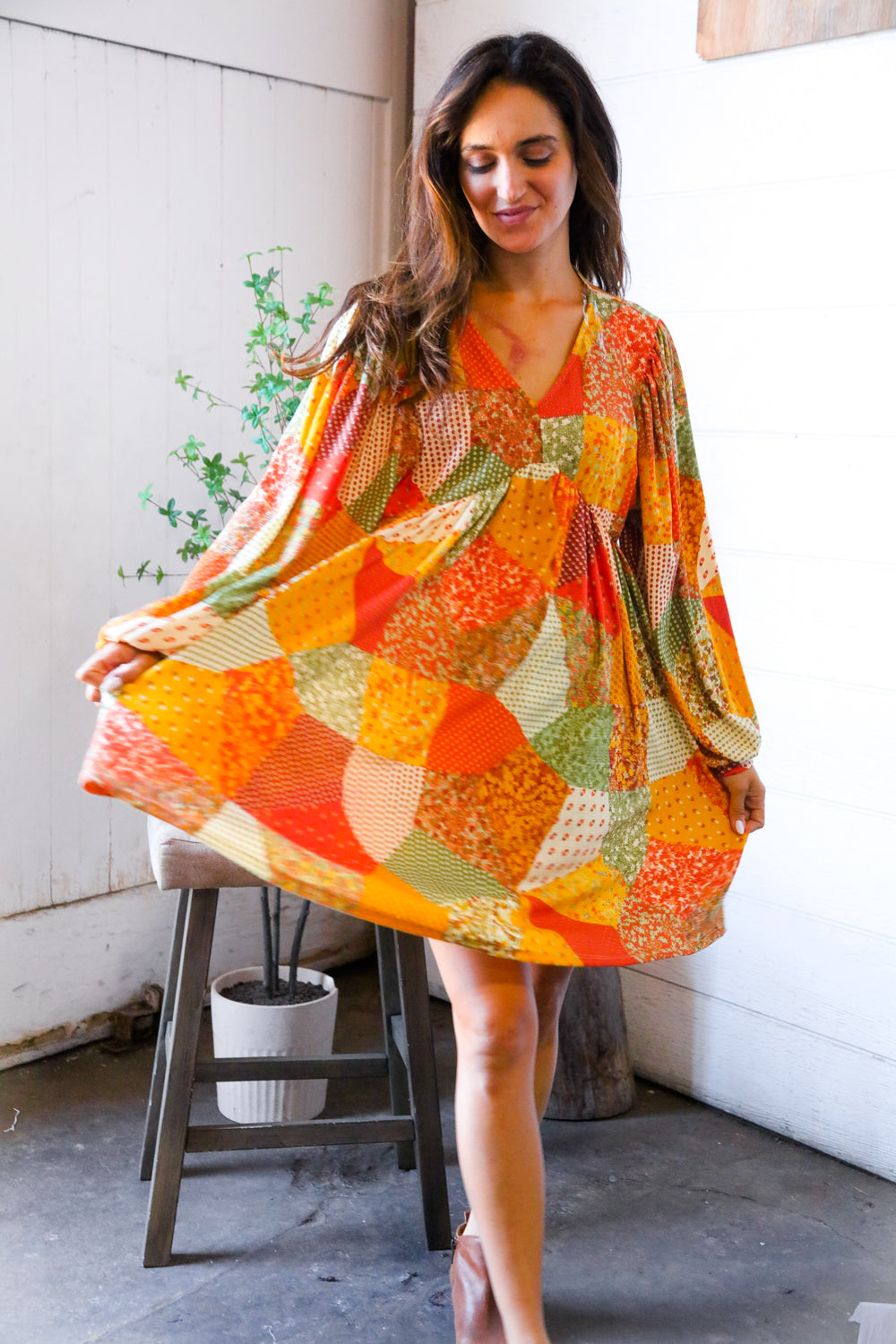 Harvest Patchwork Dreams Thermal Babydoll Bubble Dress-Modish Lily, Tecumseh Michigan